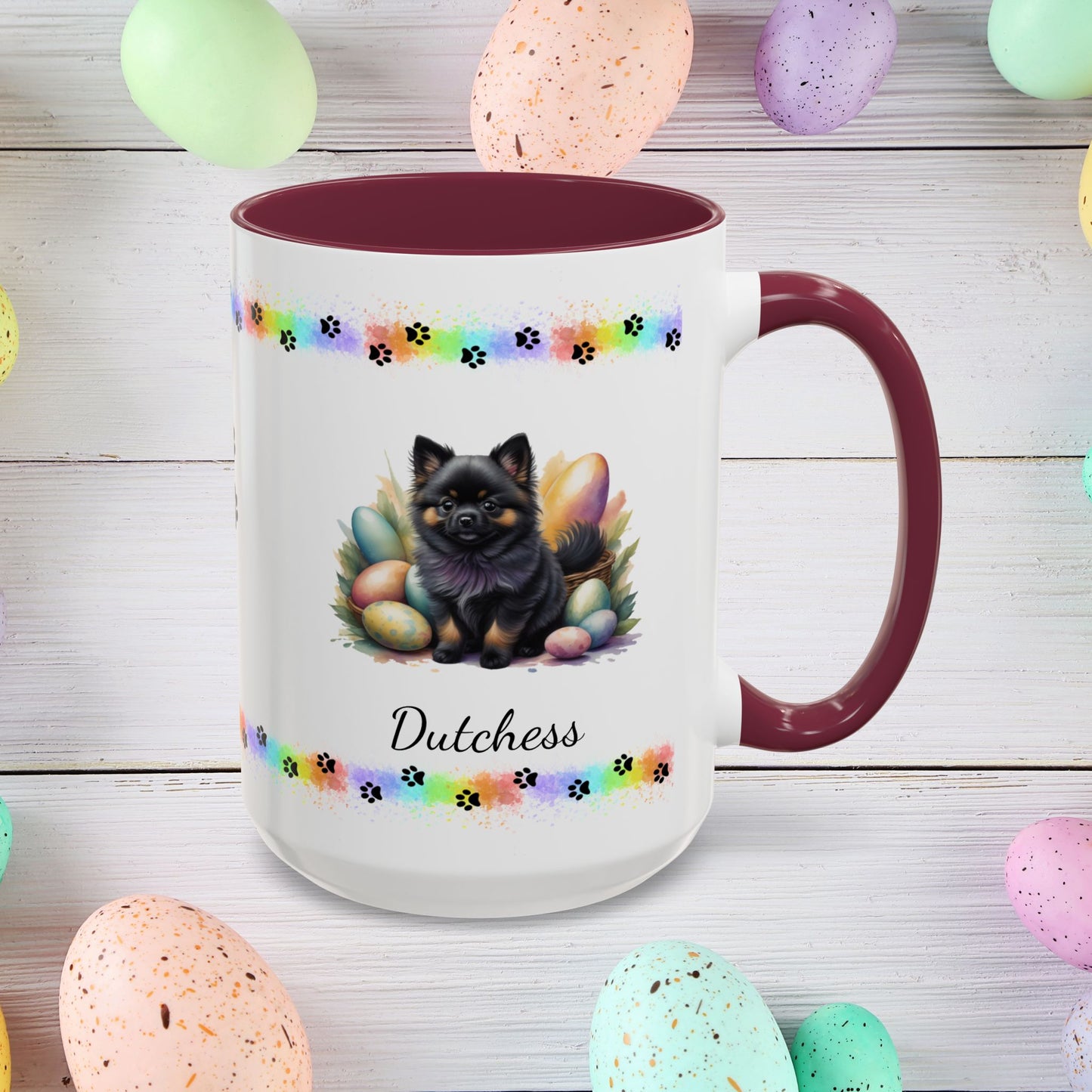 Pomeranian Black & Tan Easter puppy coffee mug, personalized cute dog coffee cup gift for mental health support