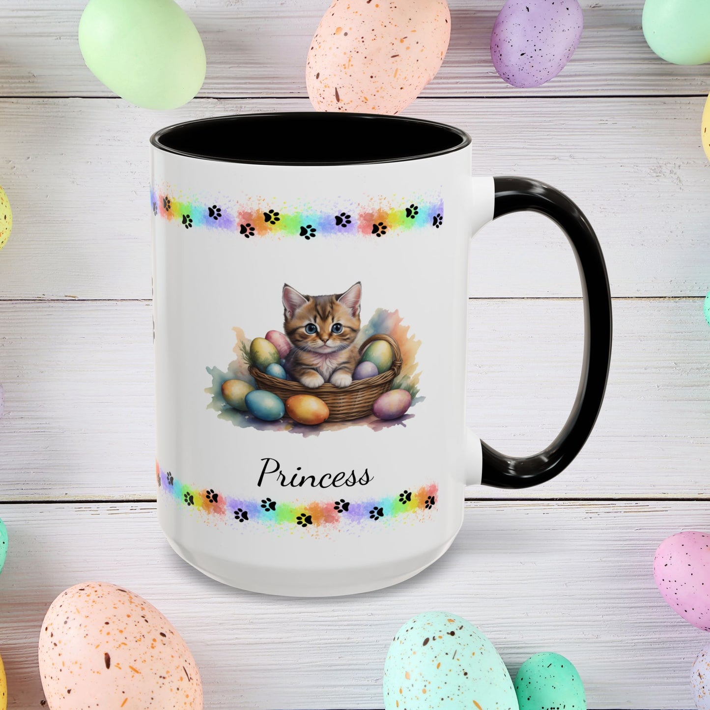 Munchkin personalized Easter coffee mug, cute kitten design, mental health awareness gift for cat lovers