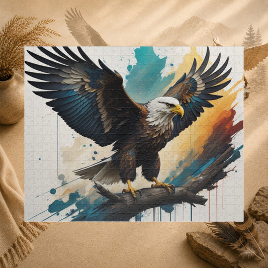Inspirational Eagle Flight - Full-Body Bald Eagle Puzzle with Wings Spread on Watercolor Splash Background