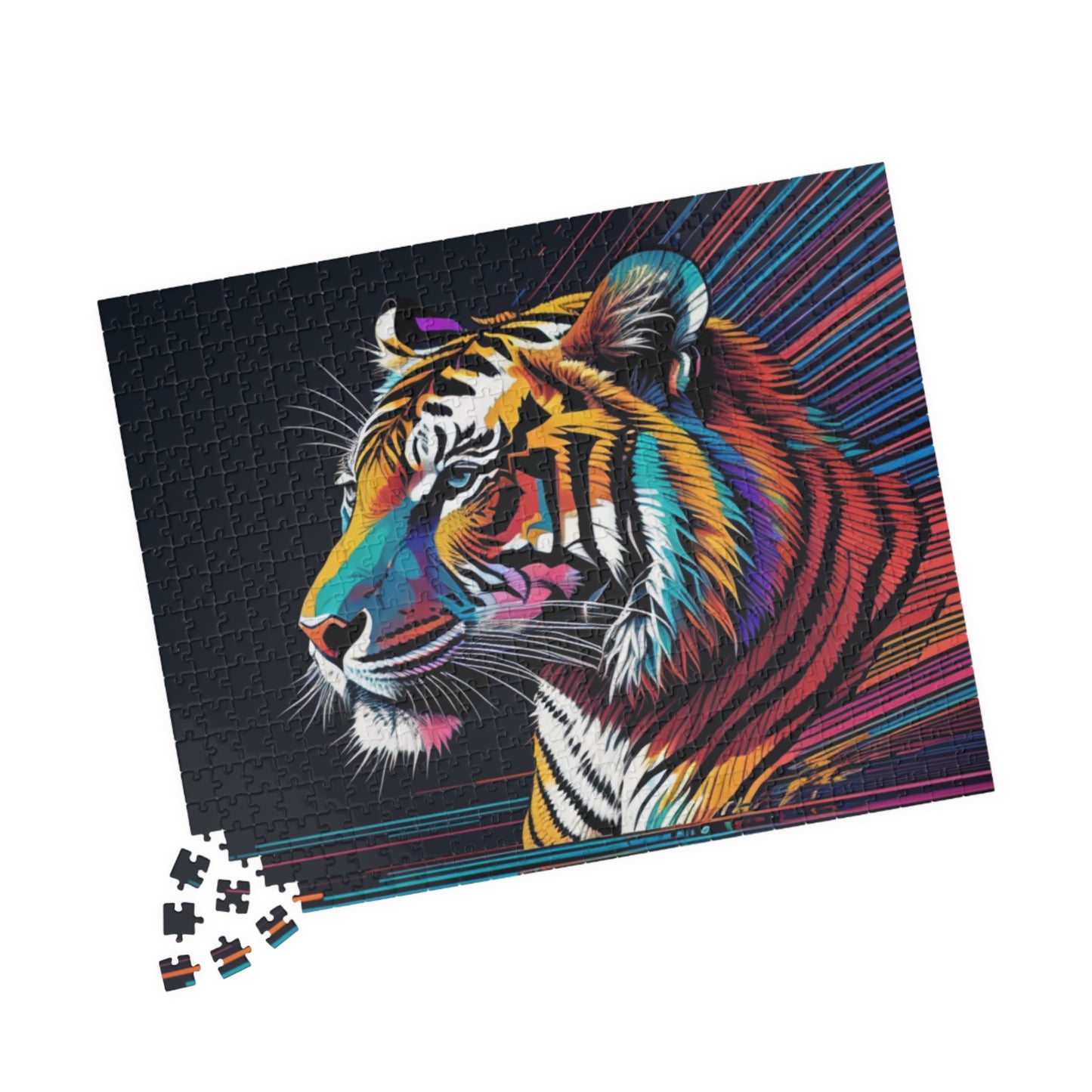Tiger walking forward in a bold jungle setting, featured on a puzzle representing strength, focus, and personal growth