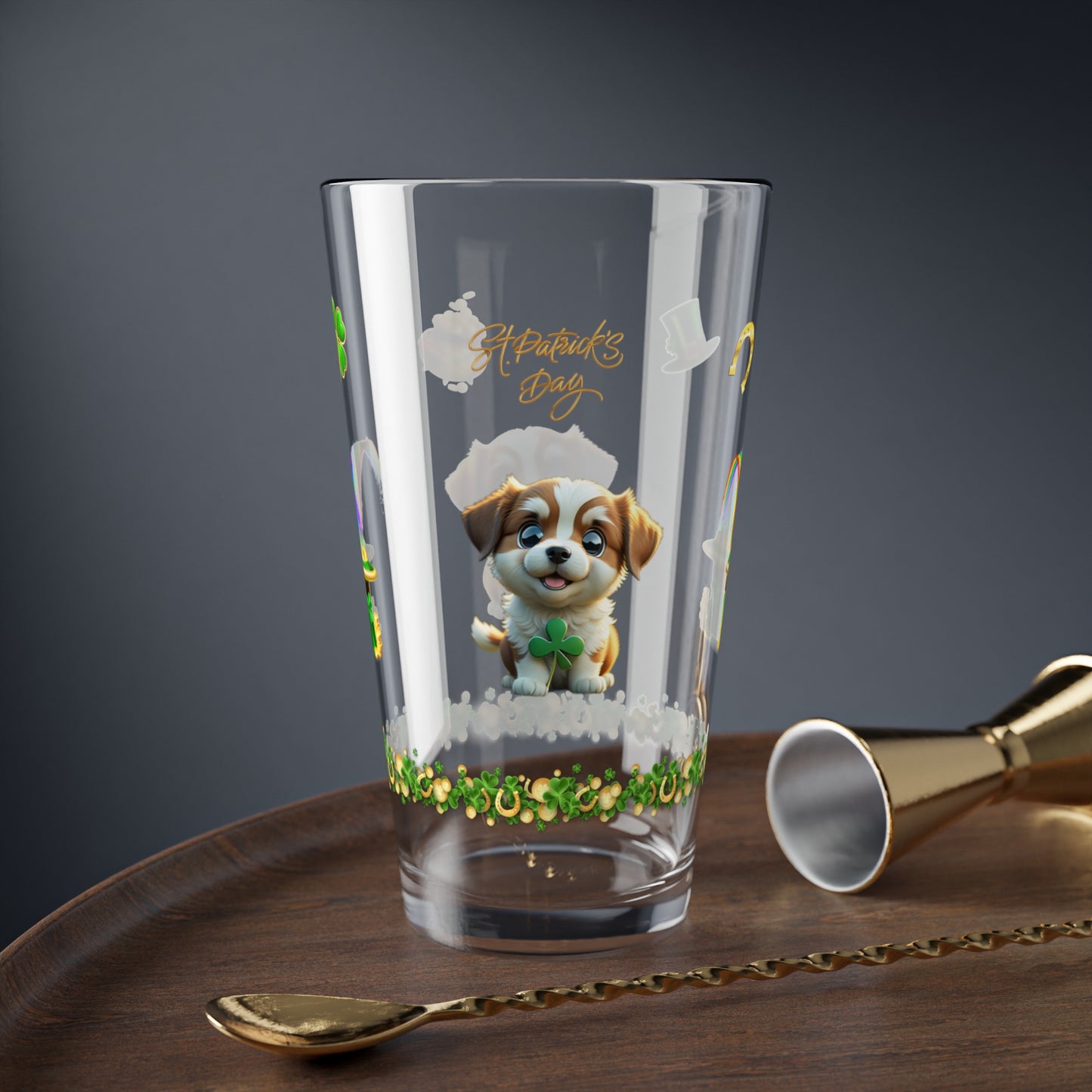 Clover Cuddles Canine: Mindful St. Patrick's Day 16oz Pint Glasses - Festive Design for Positivity & Wellness