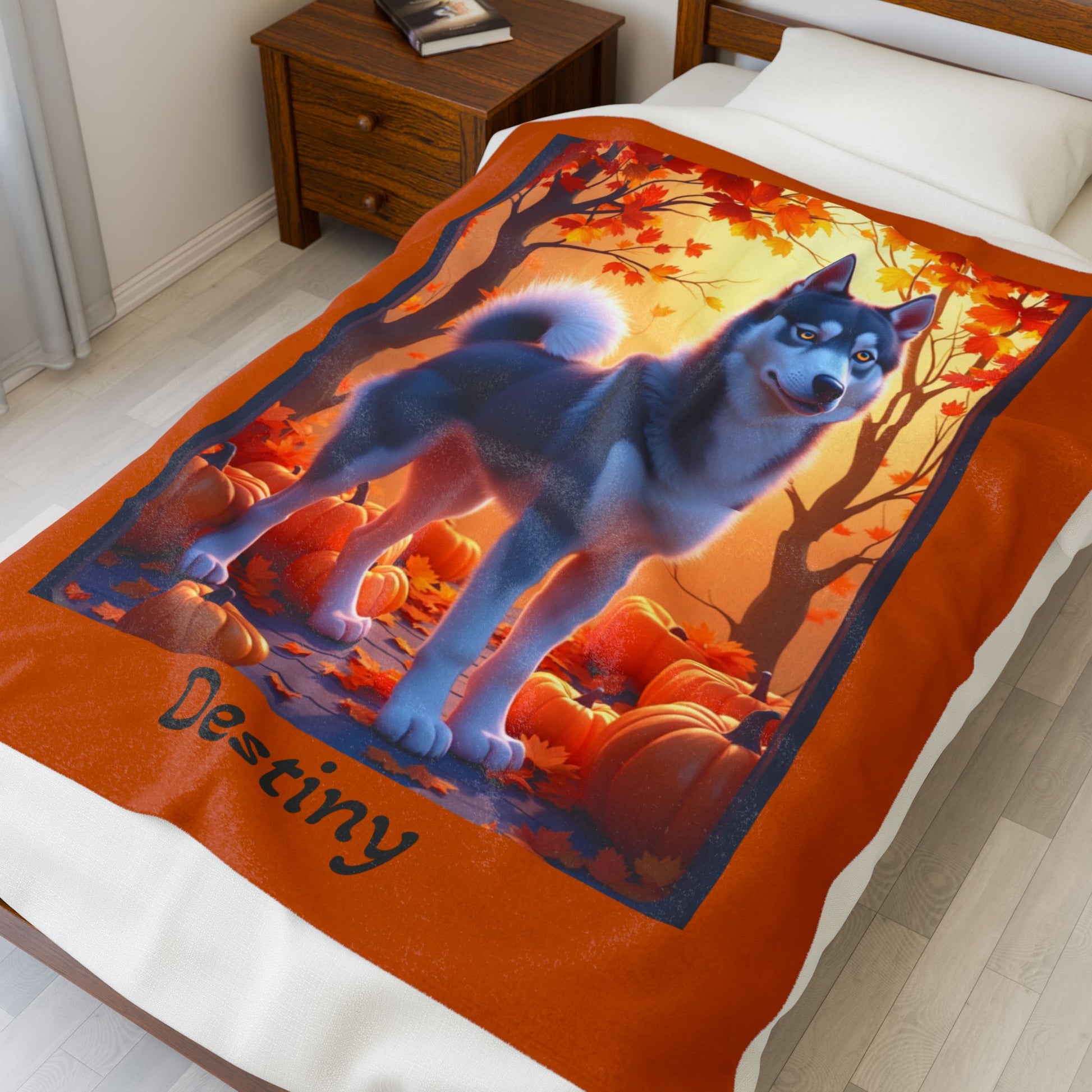 Siberian Husky Dark Grey Coat (Amber Eyes) Velveteen Plush Blanket, Custom Dog Throw
