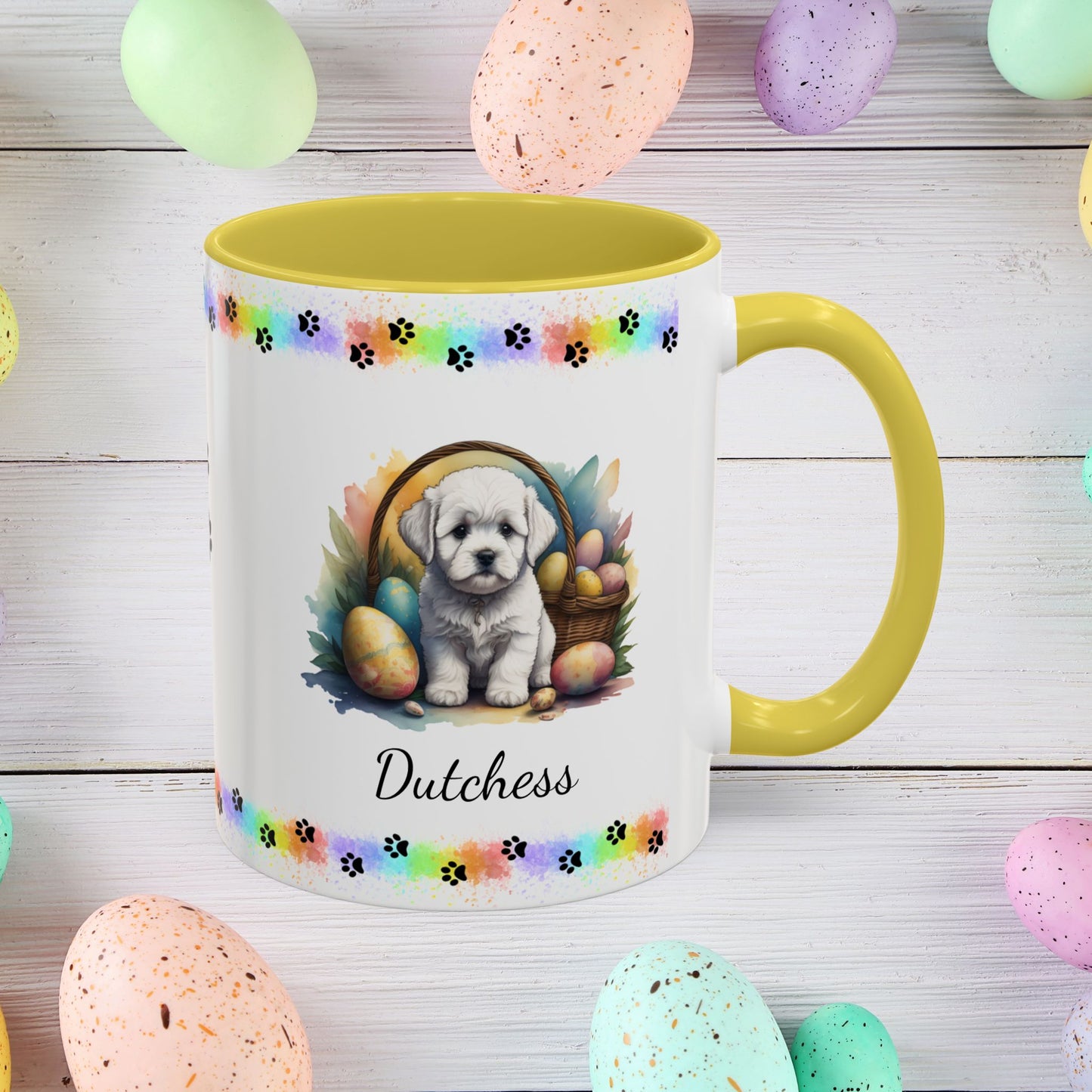 Bichon Frise personalized Easter puppy mug, cute dog coffee cup gift for mental health awareness and comfort