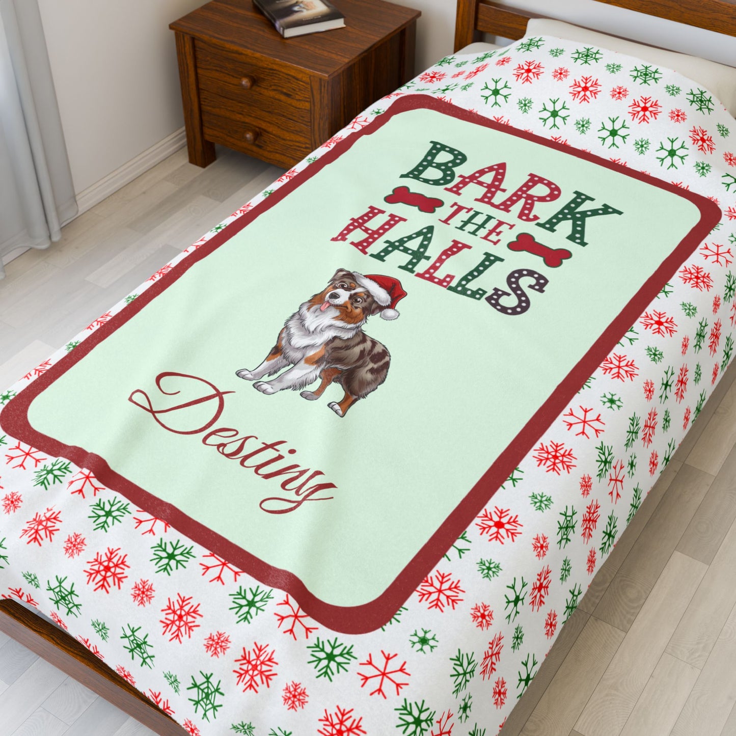 Australian Shepherd Red Merle personalized velveteen dog blanket Bark The Halls festive Christmas throw for Aussie lovers
