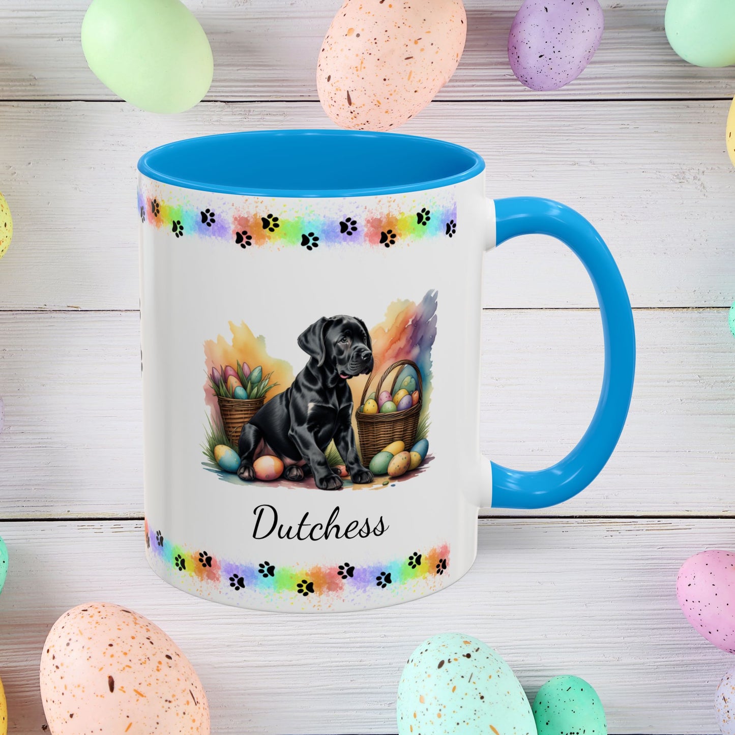 Great Dane Black Easter puppy coffee mug, personalized cute dog gift for mental health support and cozy sipping