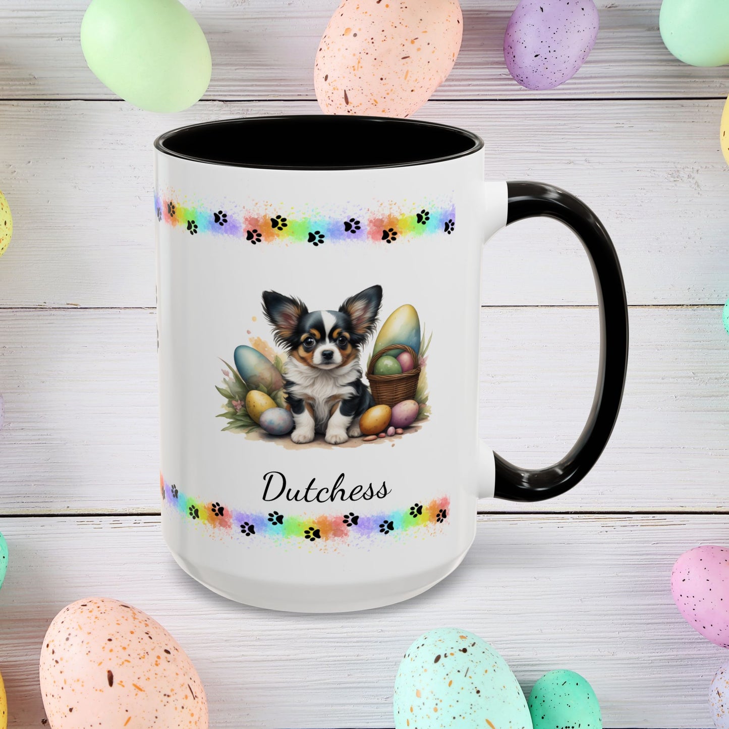 Papillon White, Black & Tan Easter puppy coffee mug, personalized cute dog coffee cup gift for mental health support