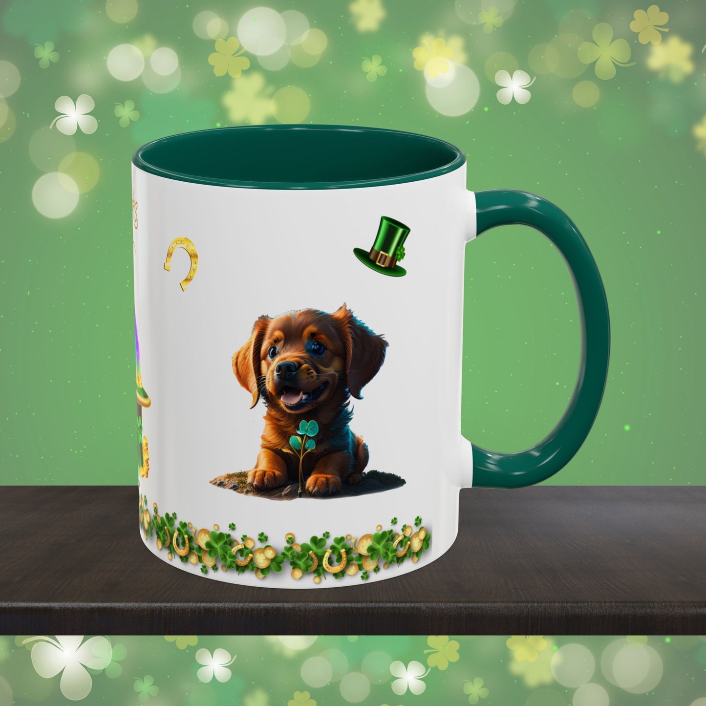 Shamrock Serenity Puppy: St. Patrick's Day Two-Tone Coffee Mug - Festive Ceramic Mug for Positivity & Mindfulness