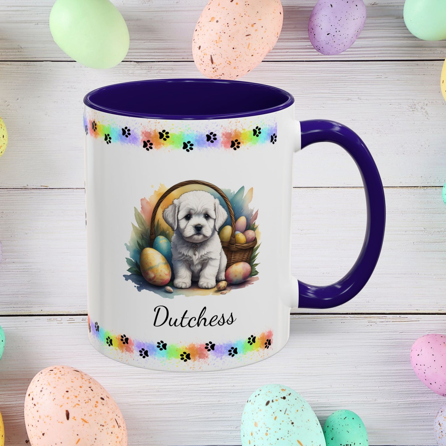 Bichon Frise personalized Easter puppy mug, cute dog coffee cup gift for mental health awareness and comfort