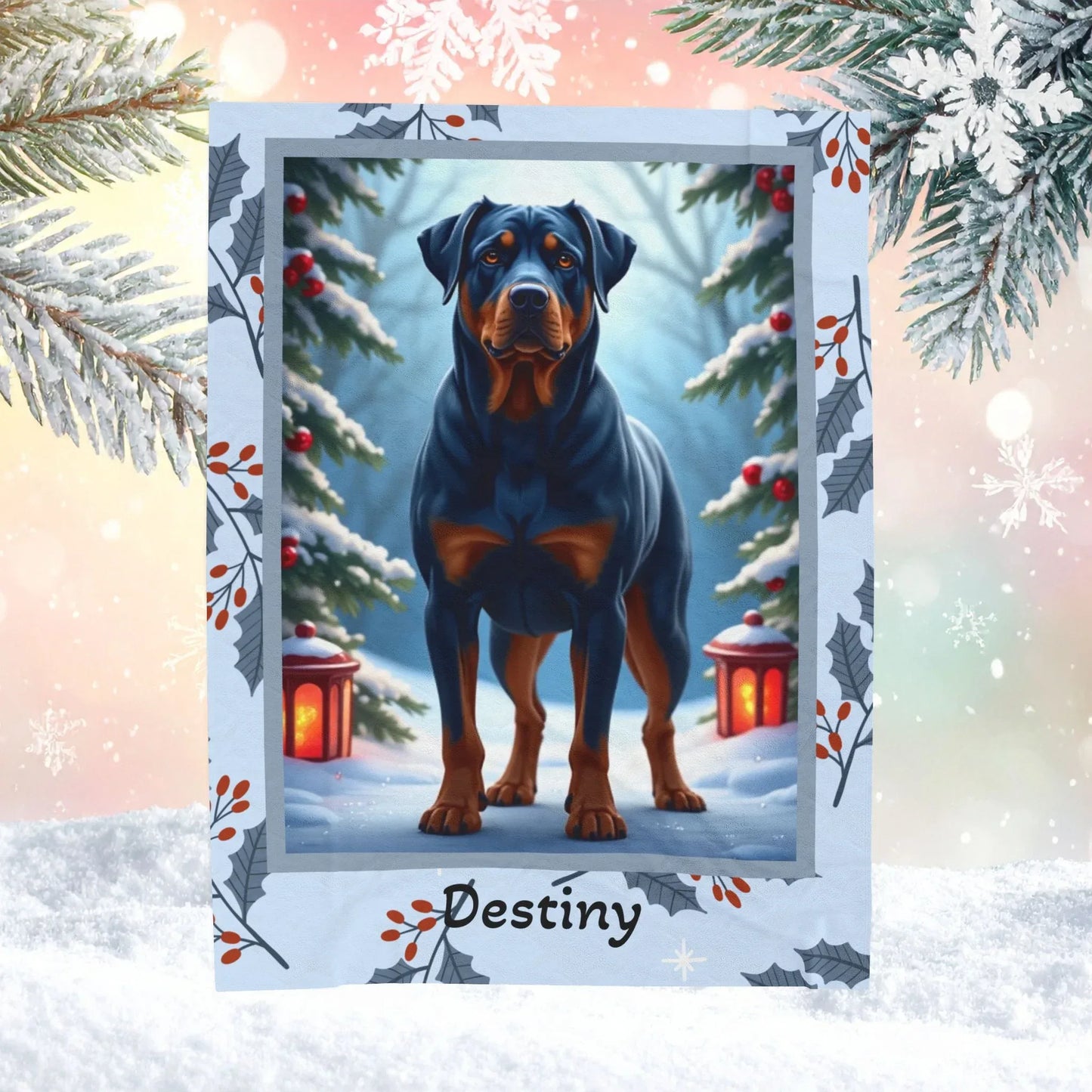 Shop our premium rottweiler blue winter dog lovers lodge blanket from MySisterIsASurvivor.
