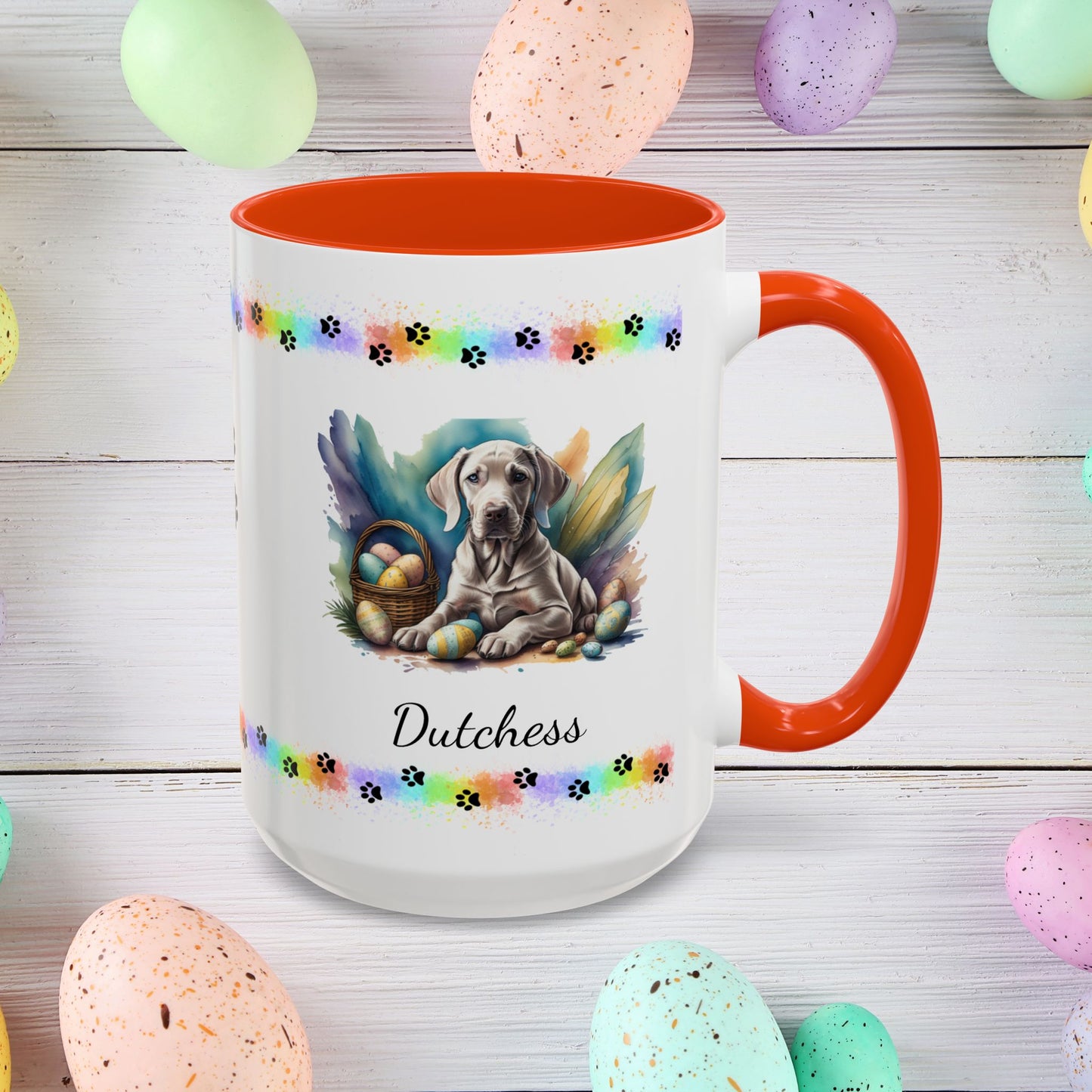 Weimaraner taupe Easter puppy coffee mug personalized dog design, ideal for promoting calm, comfort, and spring cheer.