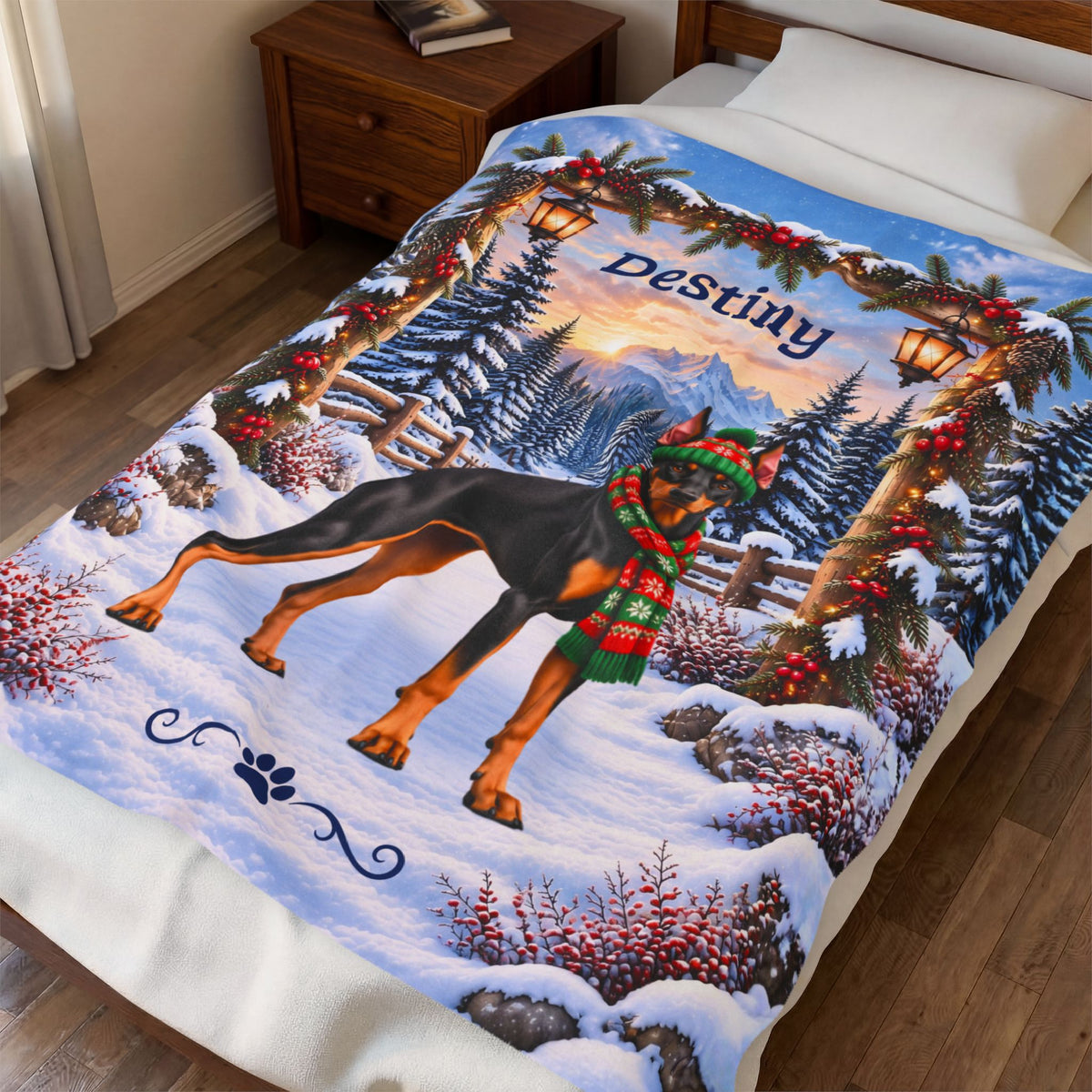 Doberman (Black & Rust Coat) - Personalized Winter Blanket, Lantern Woodland Custom Name Throw