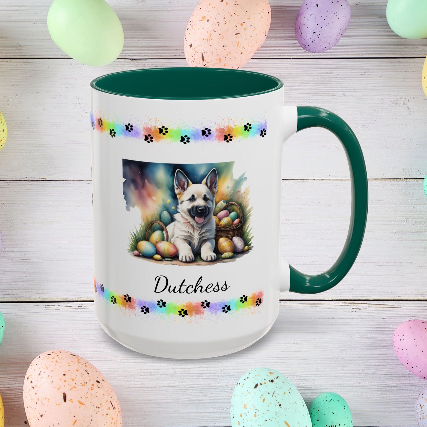 German Shepherd White Easter puppy coffee mug, personalized cute dog gift for mental health awareness and cozy sipping