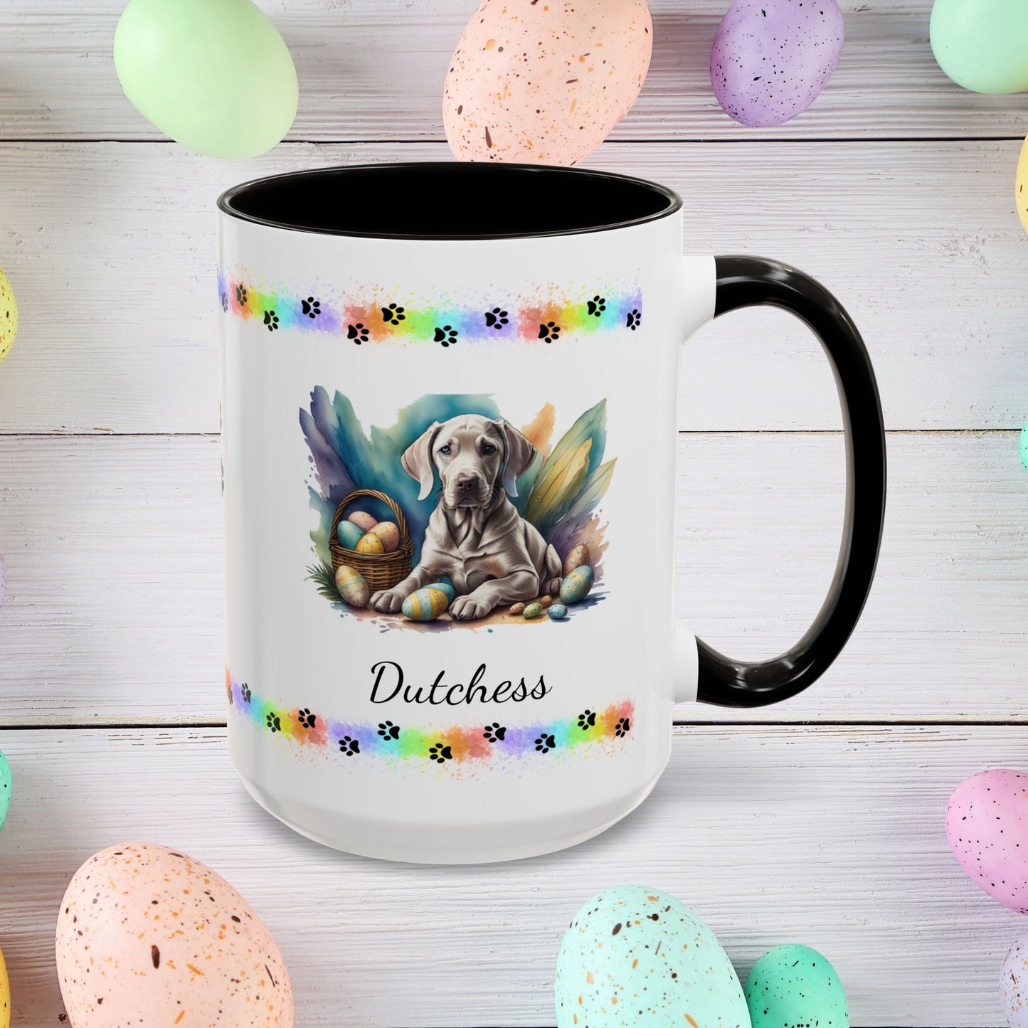 Weimaraner taupe Easter puppy coffee mug personalized dog design, ideal for promoting calm, comfort, and spring cheer.