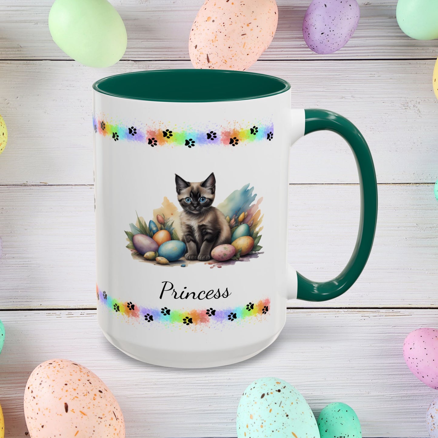 Siamese personalized Easter kitten mug, cute cat coffee cup, gift for mental health support and comfort