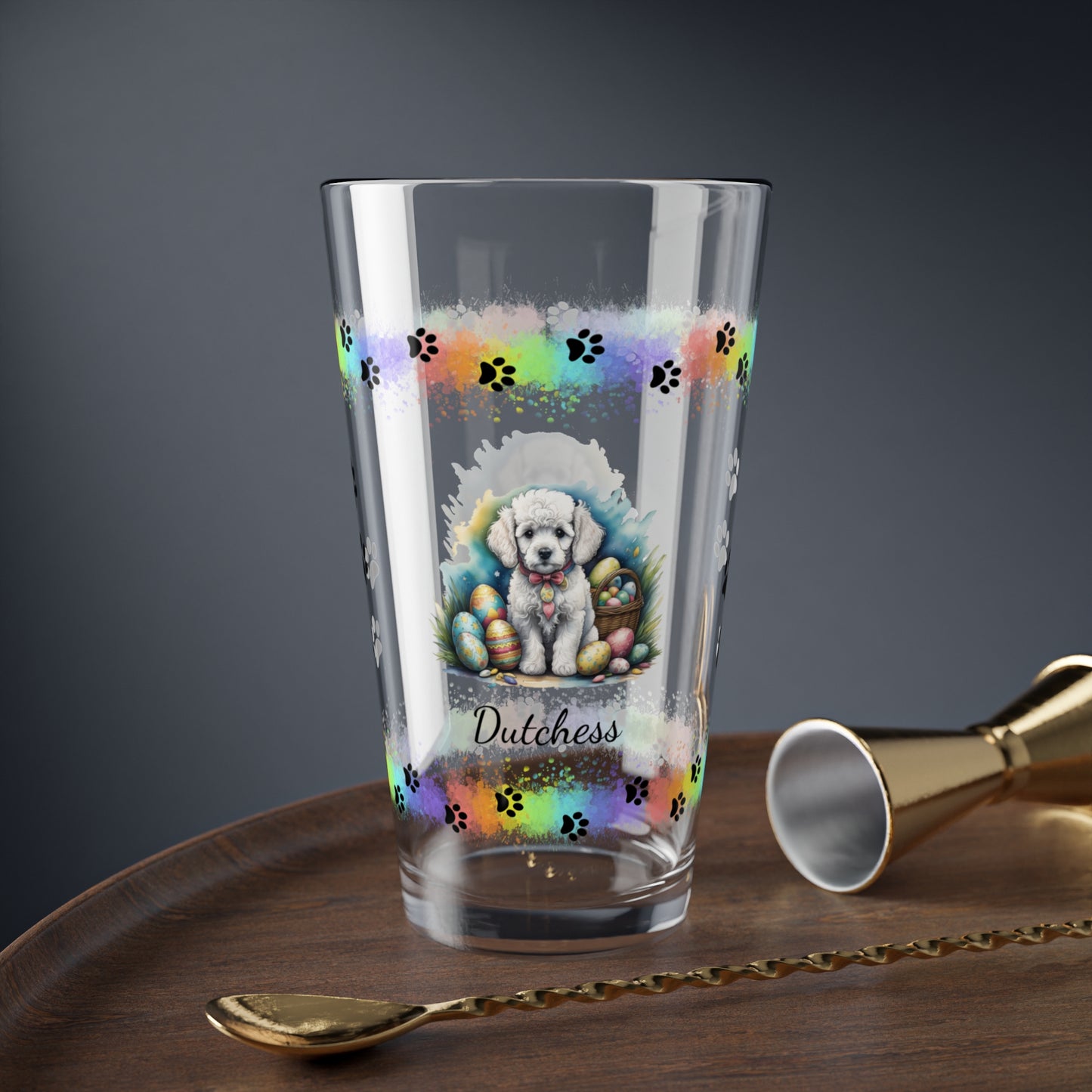 Poodle (White) Personalized Easter Puppy 16oz Pint Glass - Custom Dog Design, Mental Health Gift, Easter Décor, and Festive Celebrations