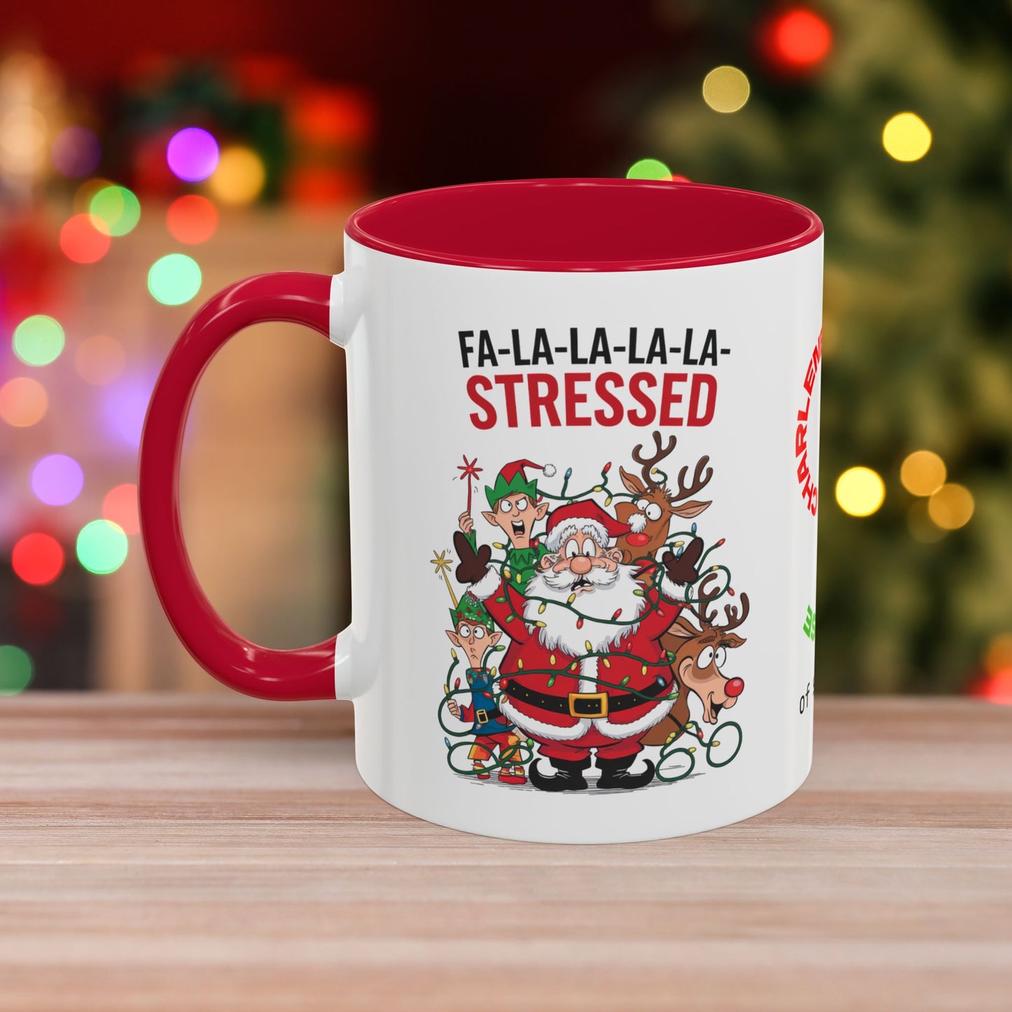 Fa-la-la-la-la Stressed – Humorous Christmas Mug with Colorful Design and Accent Color
