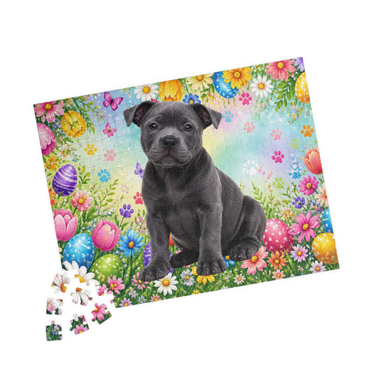 Pitbull (Blue) Easter Puppy Puzzle - Spring Garden with Eggs, Tulips, and Daisies