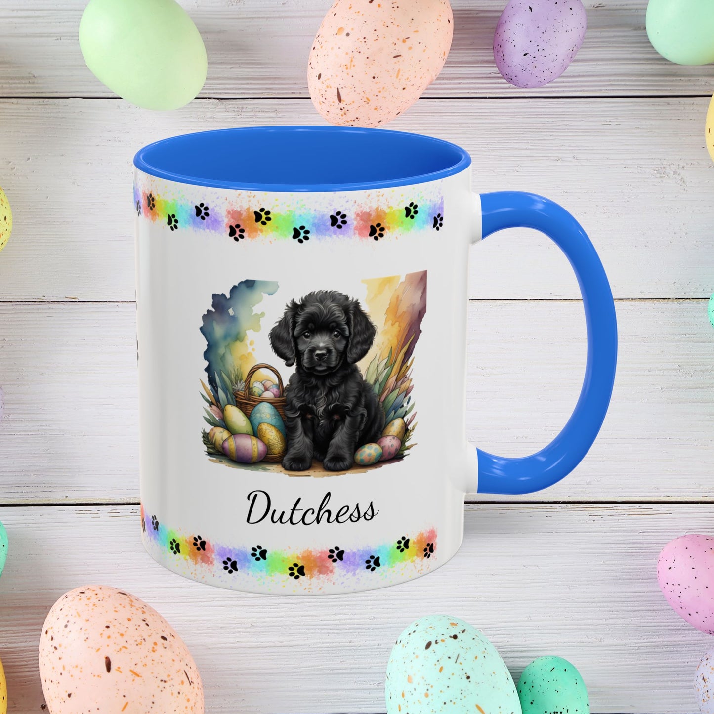 Adorable black Poodle Easter puppy coffee mug personalized dog gift, perfect for mental health awareness and spring joy.