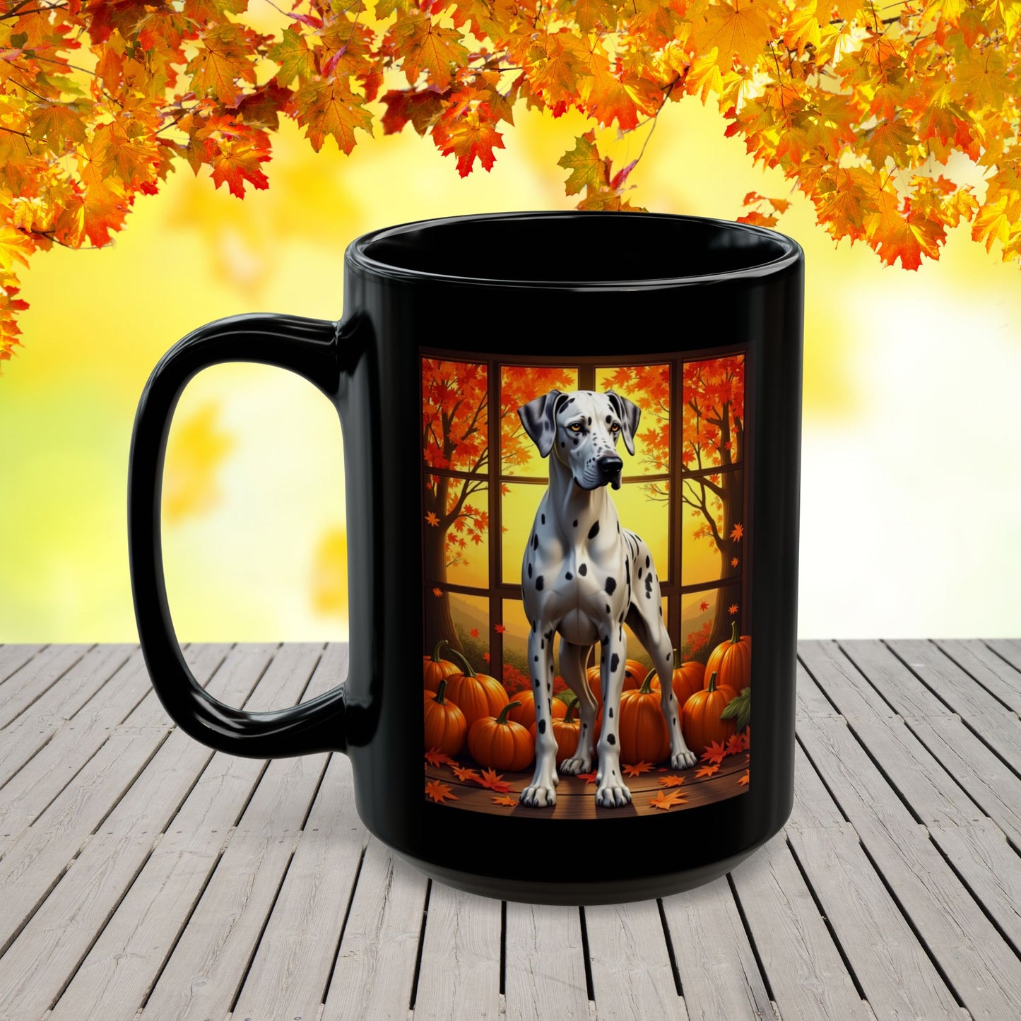 Great Dane Harlequin - Autumn mug, seasonal coffee cup for fall dog parents and Great Dane lovers