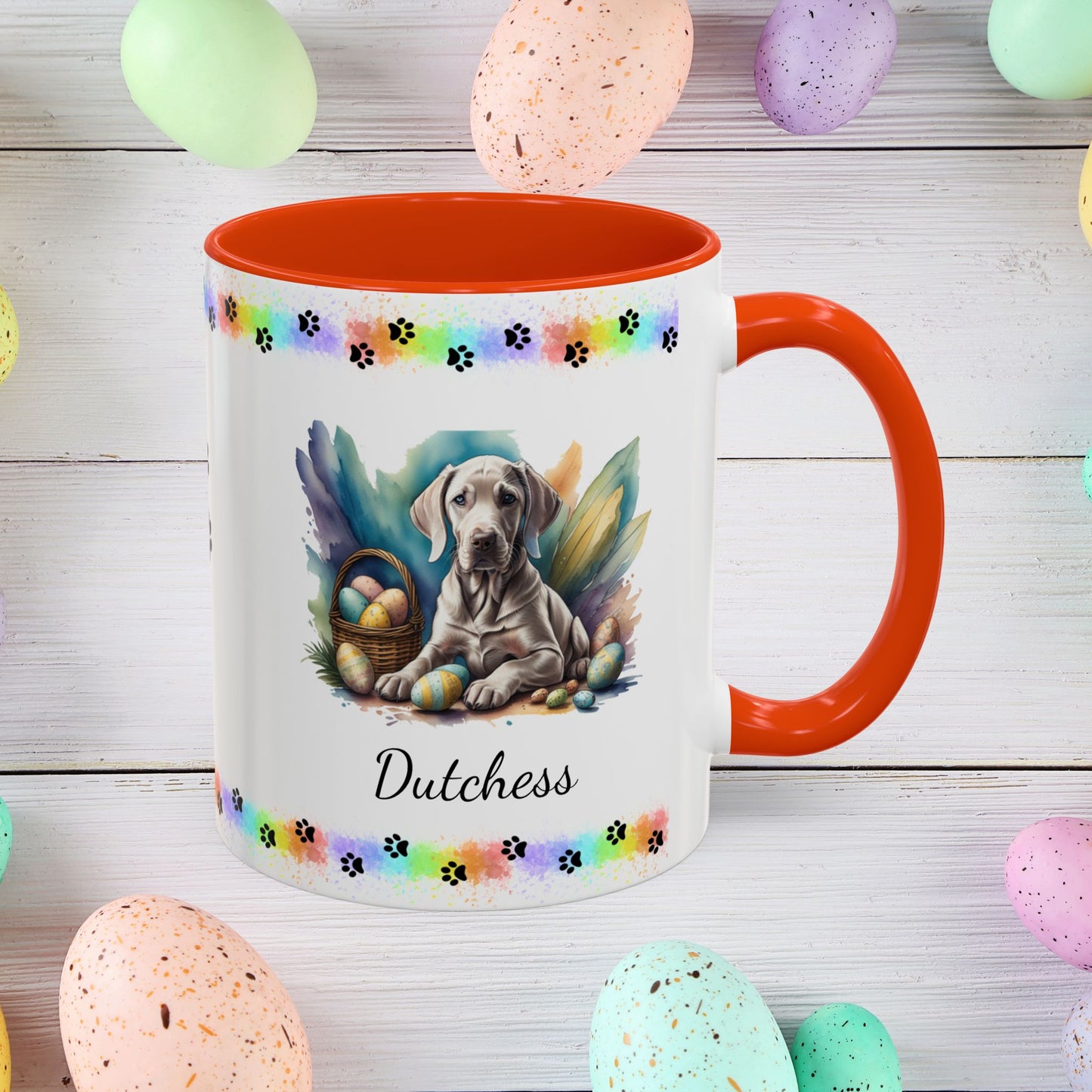Weimaraner taupe Easter puppy coffee mug personalized dog design, ideal for promoting calm, comfort, and spring cheer.