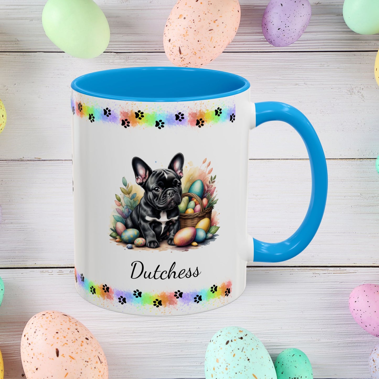 French Bulldog Black Easter puppy coffee mug, personalized cute dog gift for mental health awareness and cozy sipping