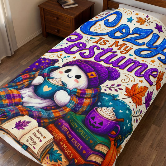 Cozy Is My Costume Velveteen Blanket - Ghost with Warm Heart Happy Soul Journal and Cozy Spells Books