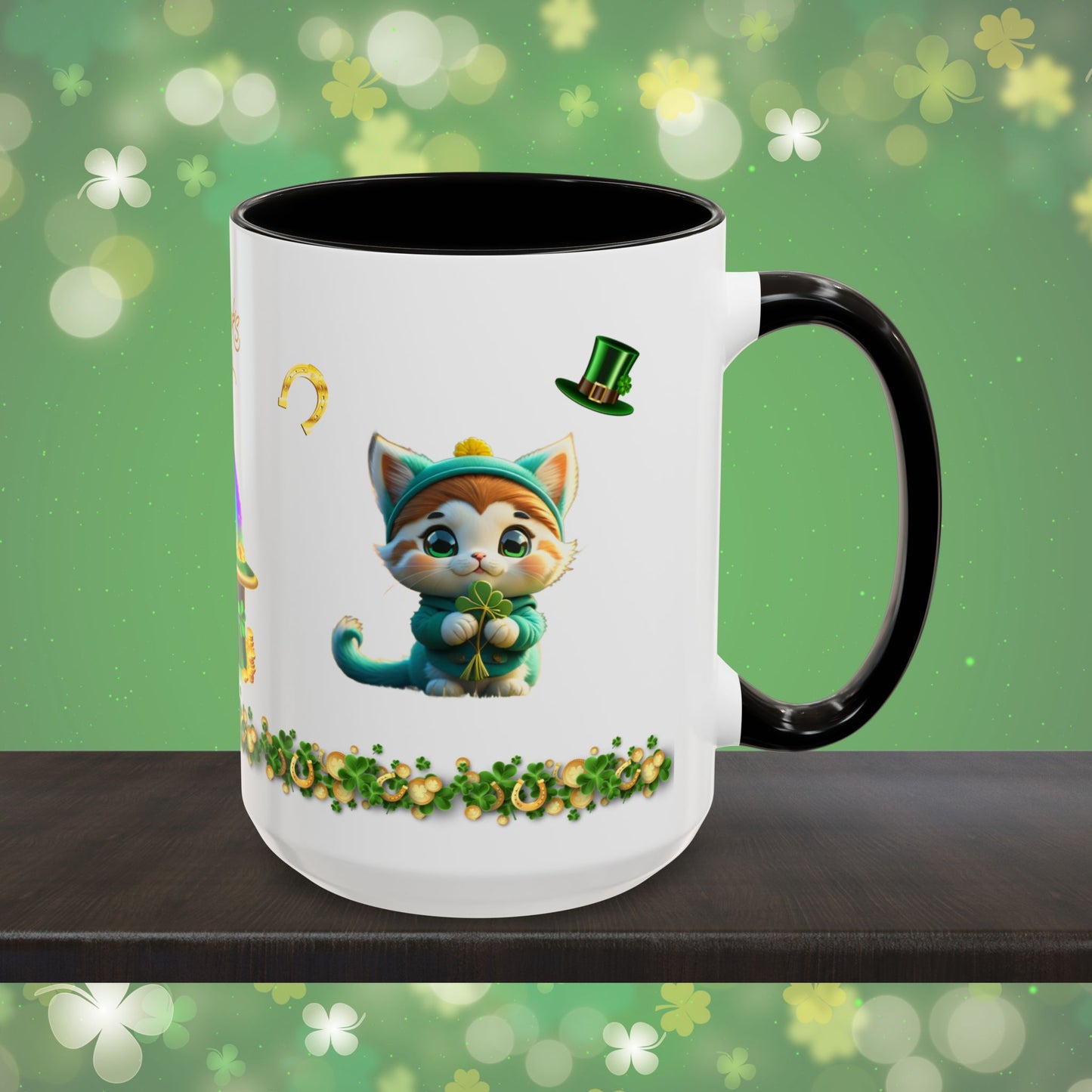 Serene Shamrock Kitty: St. Patrick's Day Two-Tone Coffee Mug - Festive Ceramic Mug for Positivity & Mindfulness