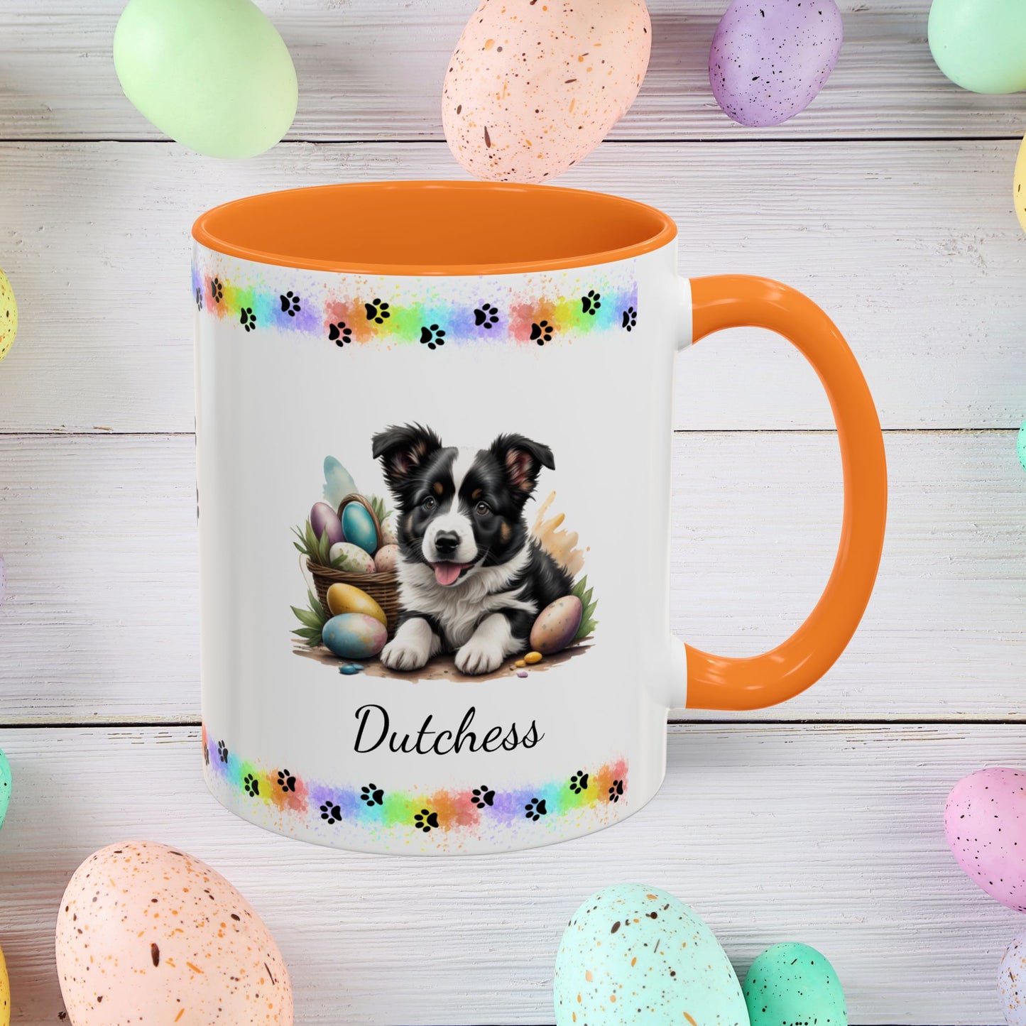 Border Collie Black & White Easter puppy coffee mug, personalized cute dog gift for mental health support