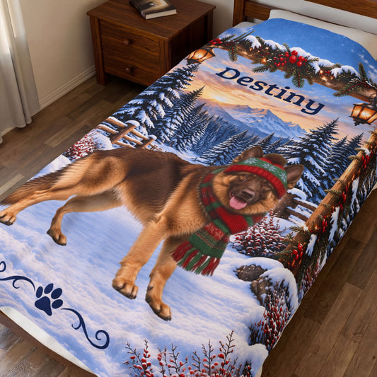 German Shepherd (Liver & Tan Coat) - Personalized Winter Cabin Blanket, Custom Name Velveteen Throw - MySisterIsAsurvor