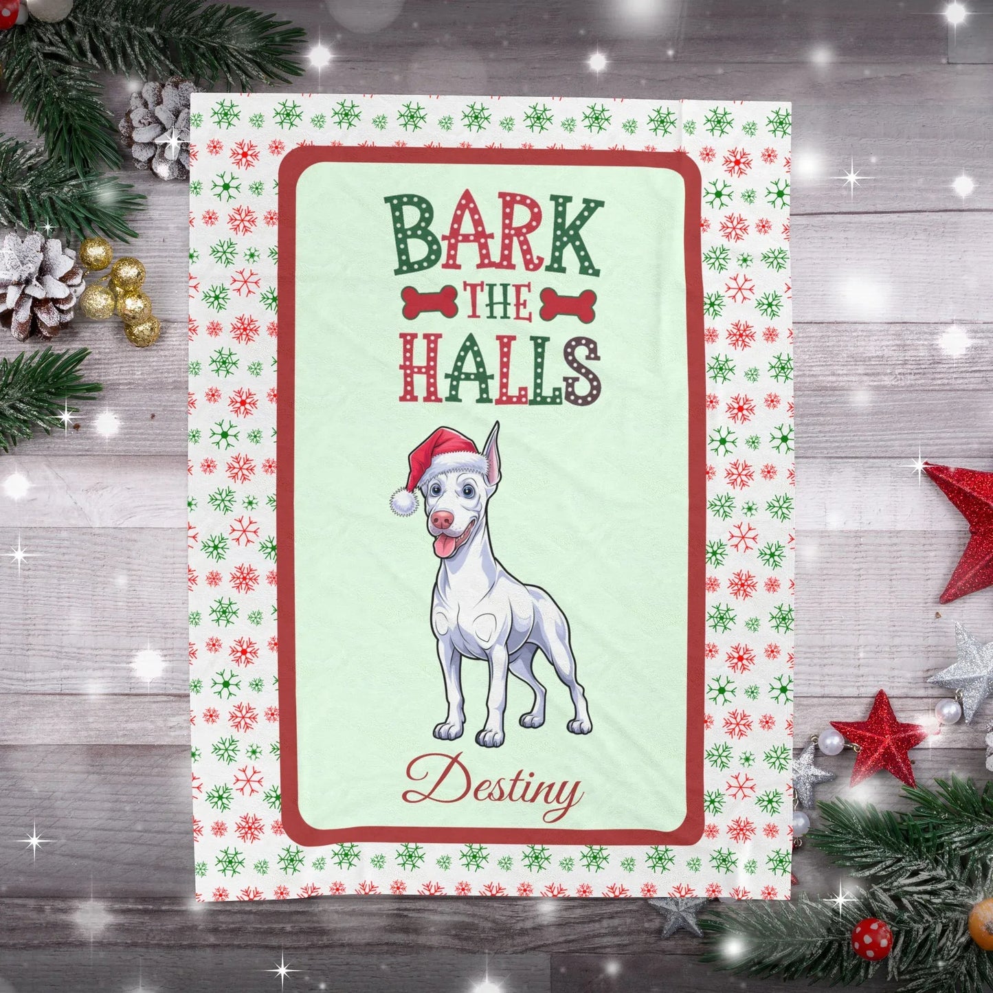 Shop our premium personalized doberman pinscher white velveteen plush blanket bark the halls from MySisterIsASurvivor.