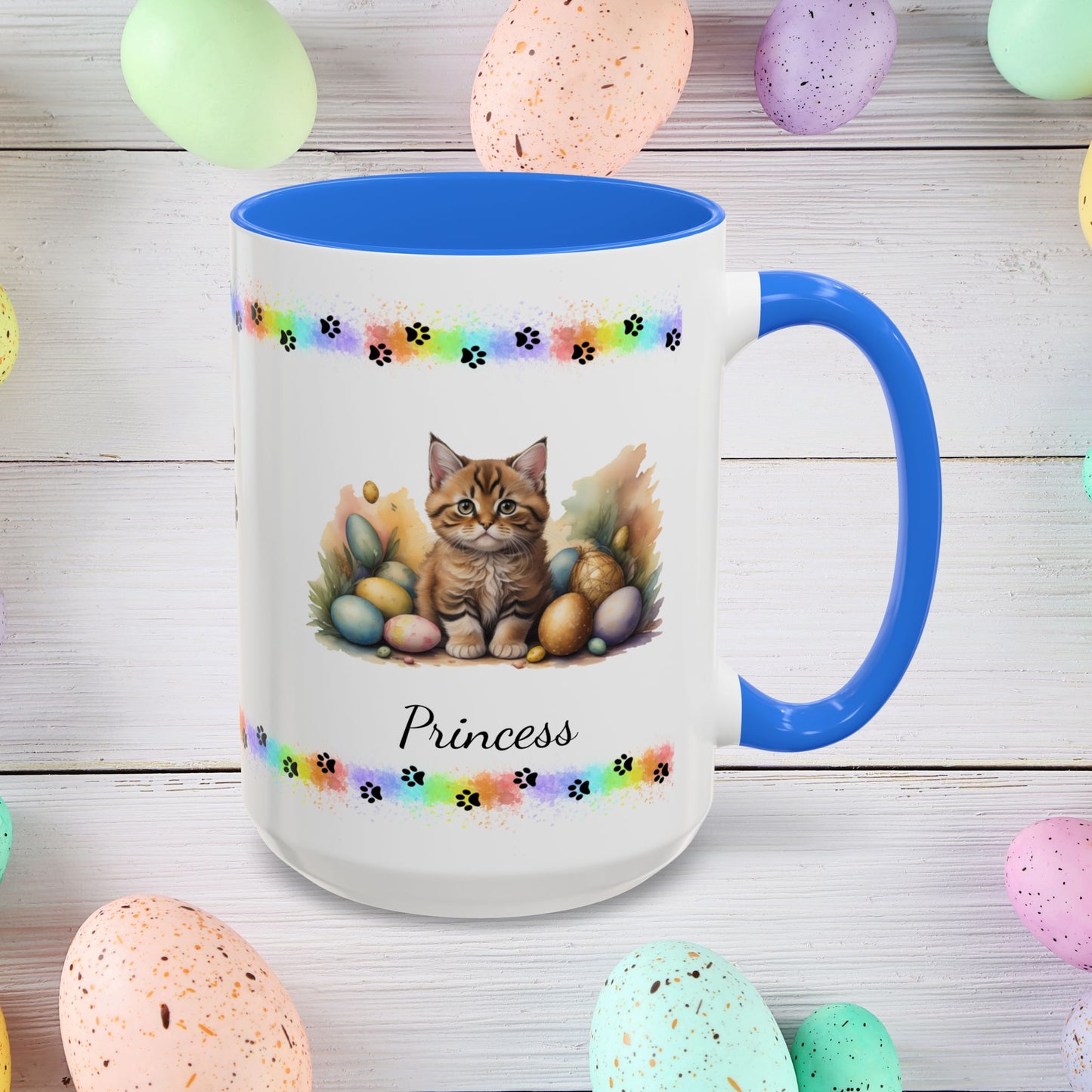 Bobtail cute kitten Easter coffee mug, personalized gift for cat lovers, mental health awareness and home use