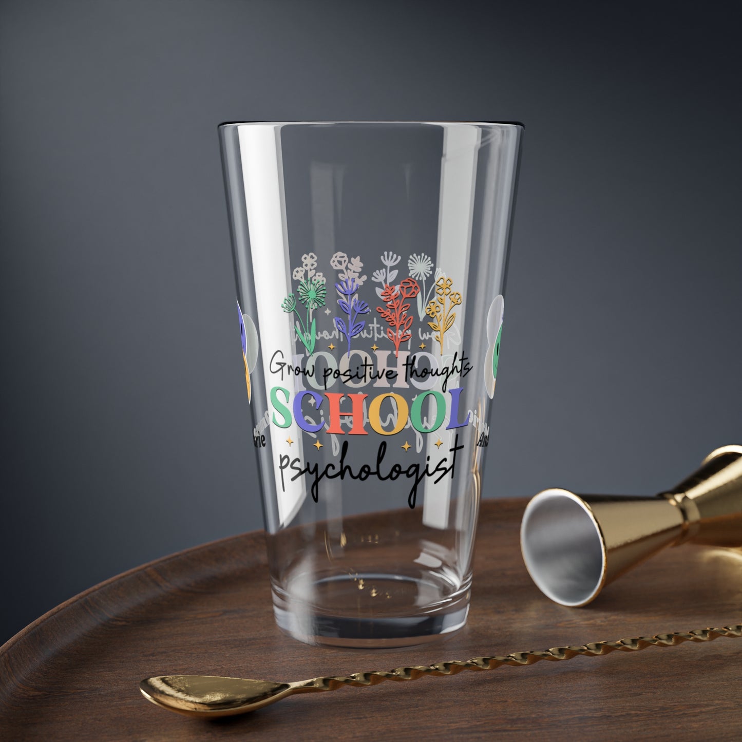 Grow Positive Thoughts pint glass for school psychologists with retro design