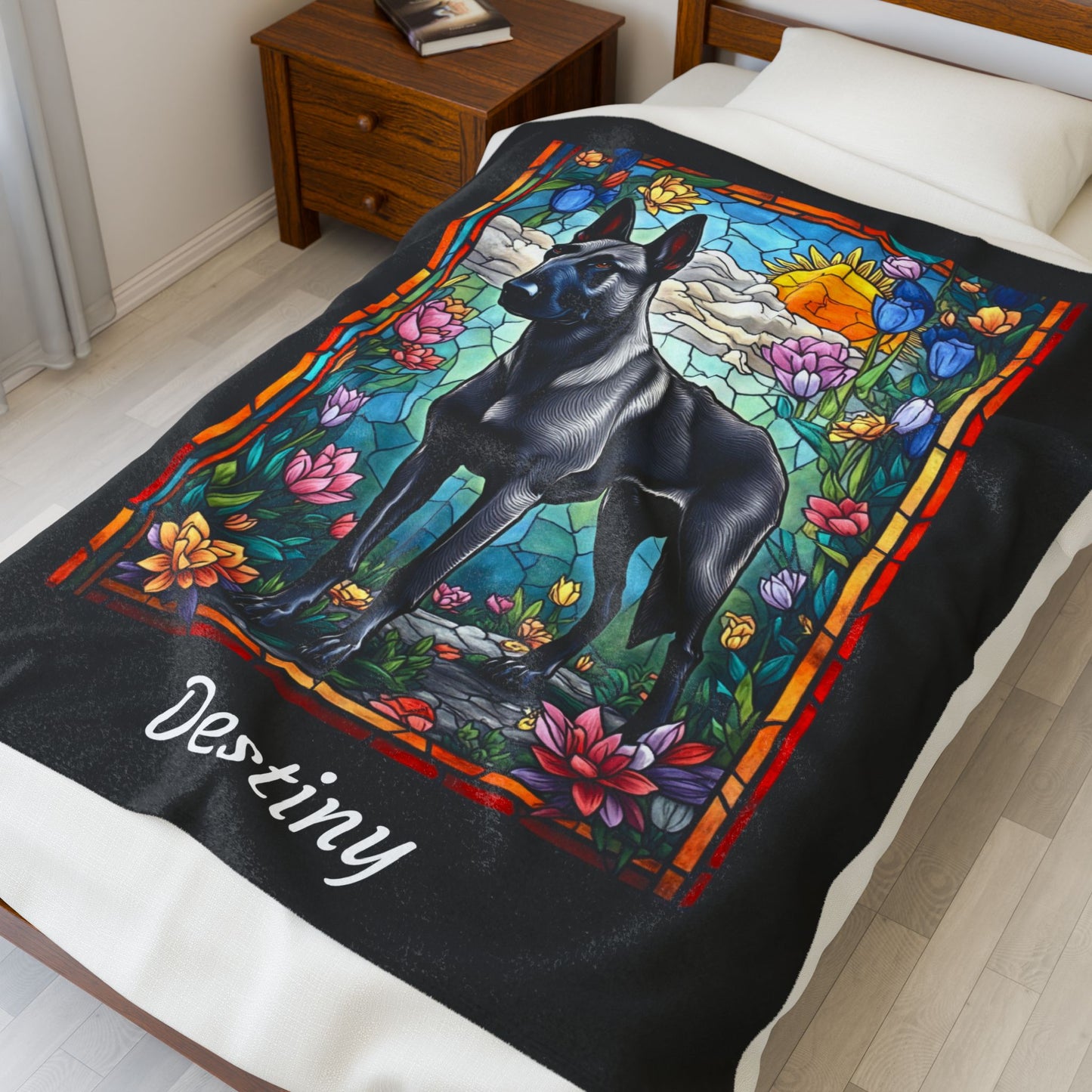 Belgian Malinois Gray - Velveteen Plush Stained Glass Dog Blanket - Custom Malinois Pet Blanket, Dog Lover Throw