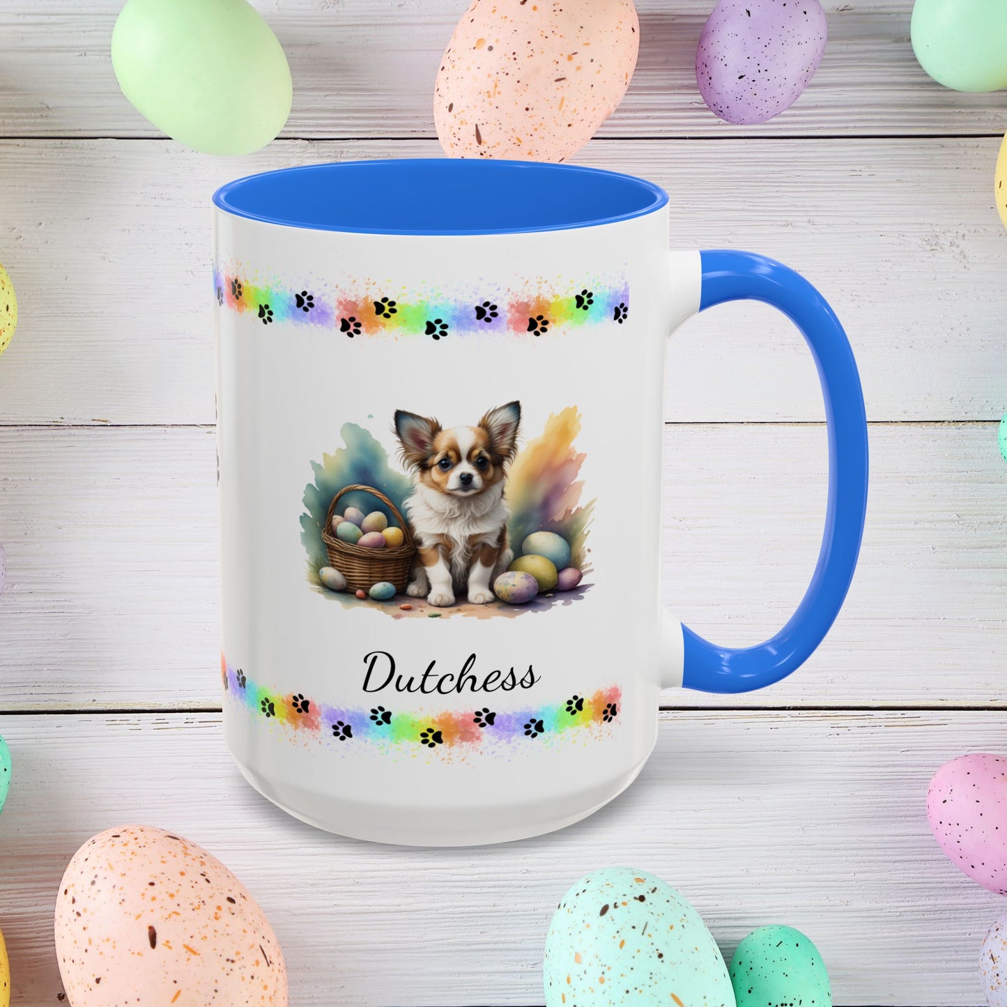 Papillon Brown & White Easter puppy coffee mug, personalized cute dog gift for mental health awareness and comfort