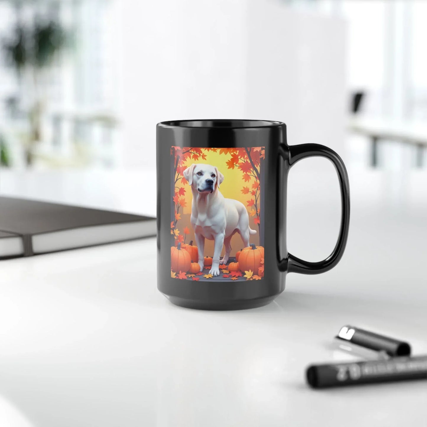 Shop our premium white labrador autumn black mug from MySisterIsASurvivor.