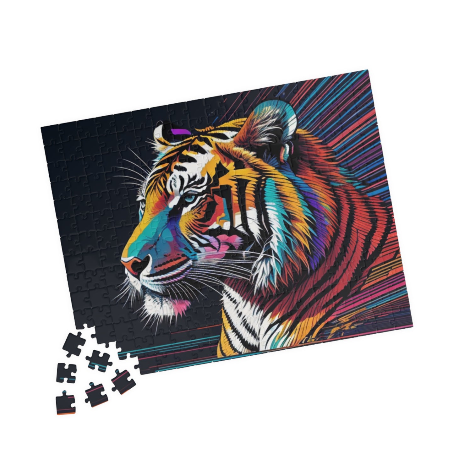 Tiger walking forward in a bold jungle setting, featured on a puzzle representing strength, focus, and personal growth