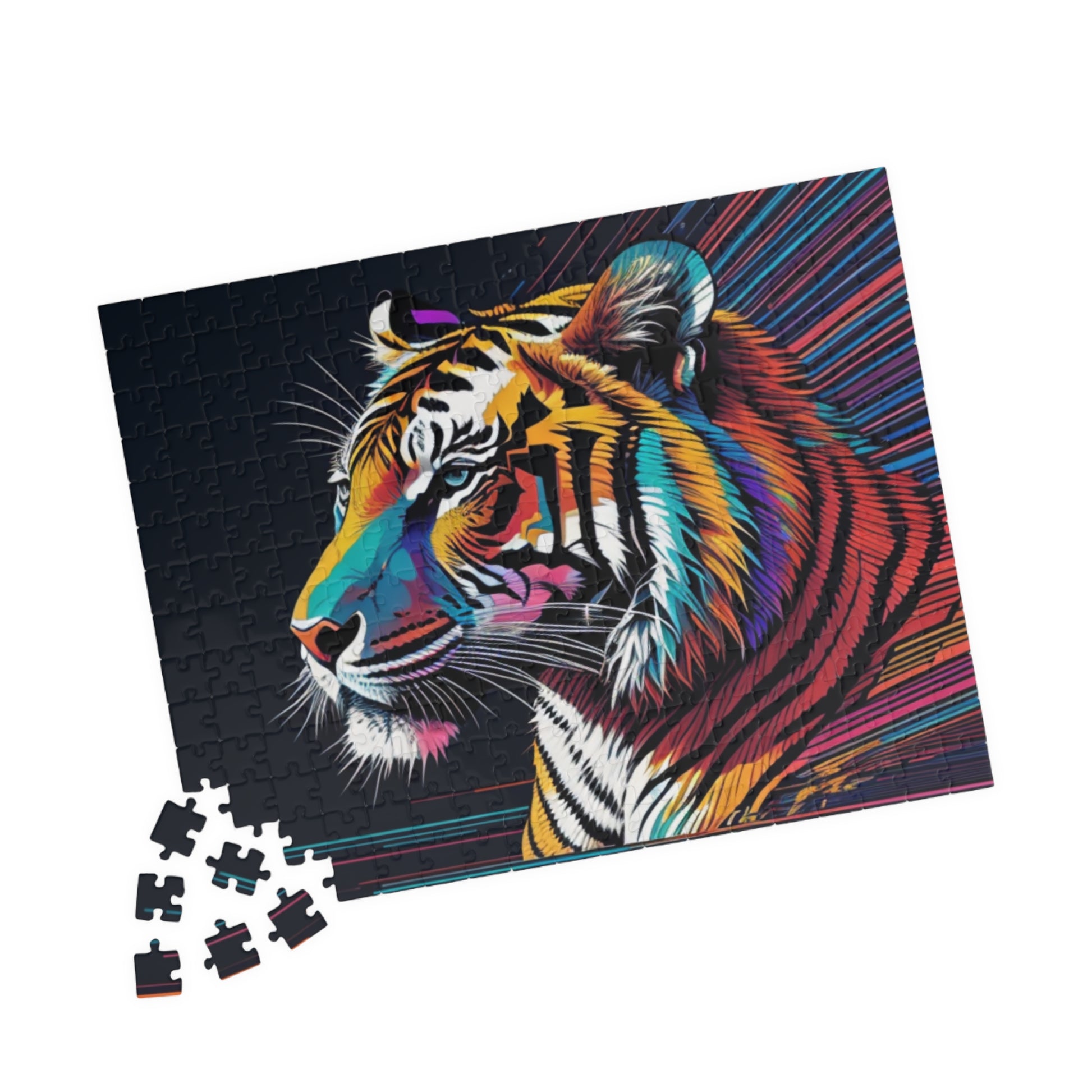 Tiger walking forward in a bold jungle setting, featured on a puzzle representing strength, focus, and personal growth