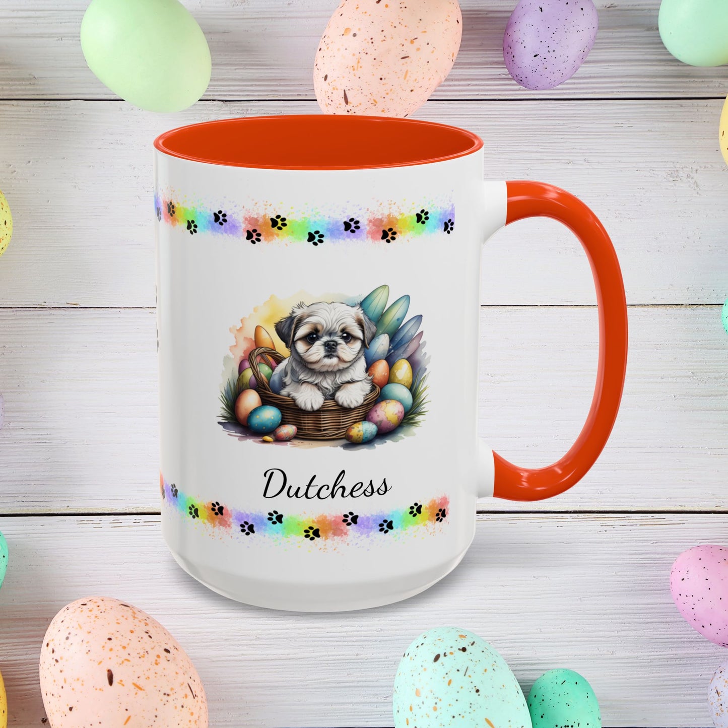 Silver and white Shih Tzu Easter puppy coffee mug, adorable personalized dog gift for comfort, hope, and self-care.