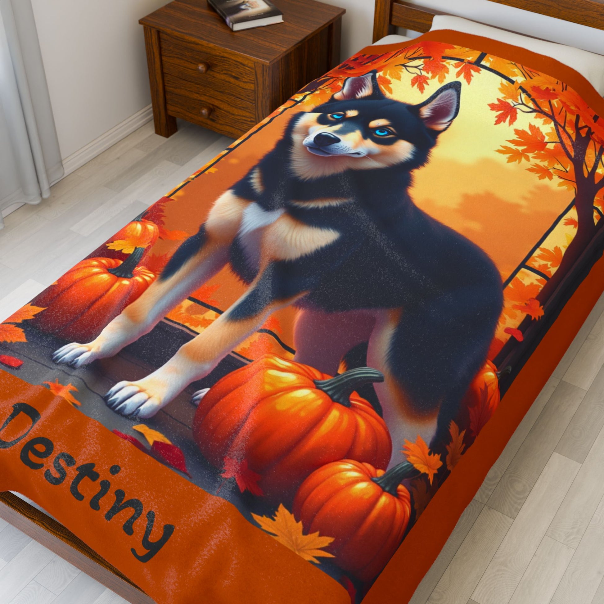 Siberian Husky Black & Tan Coat (Blue Eyes) Velveteen Blanket, Personalized Plush Dog Throw