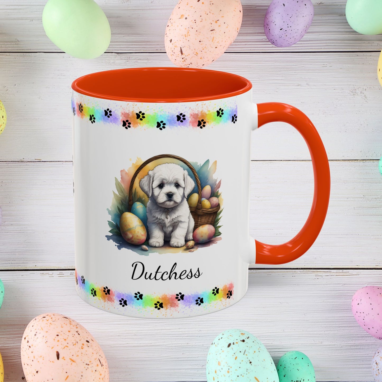 Bichon Frise personalized Easter puppy mug, cute dog coffee cup gift for mental health awareness and comfort