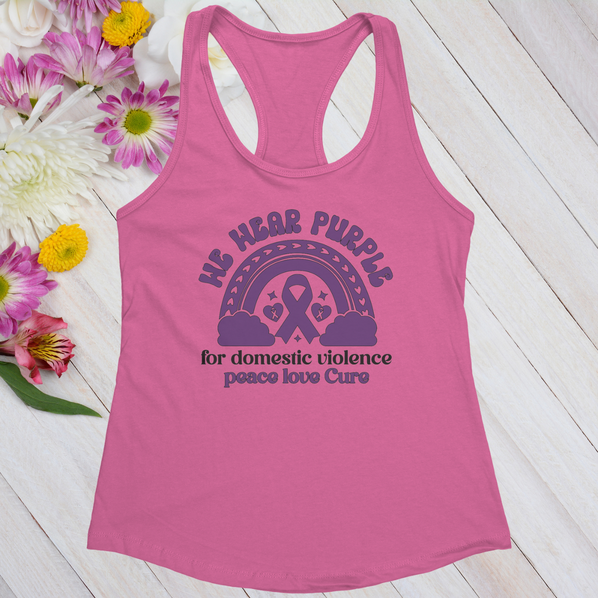 We Wear Purple for Domestic Violence Peace Love Cure Women's Ideal Racerback Tank
