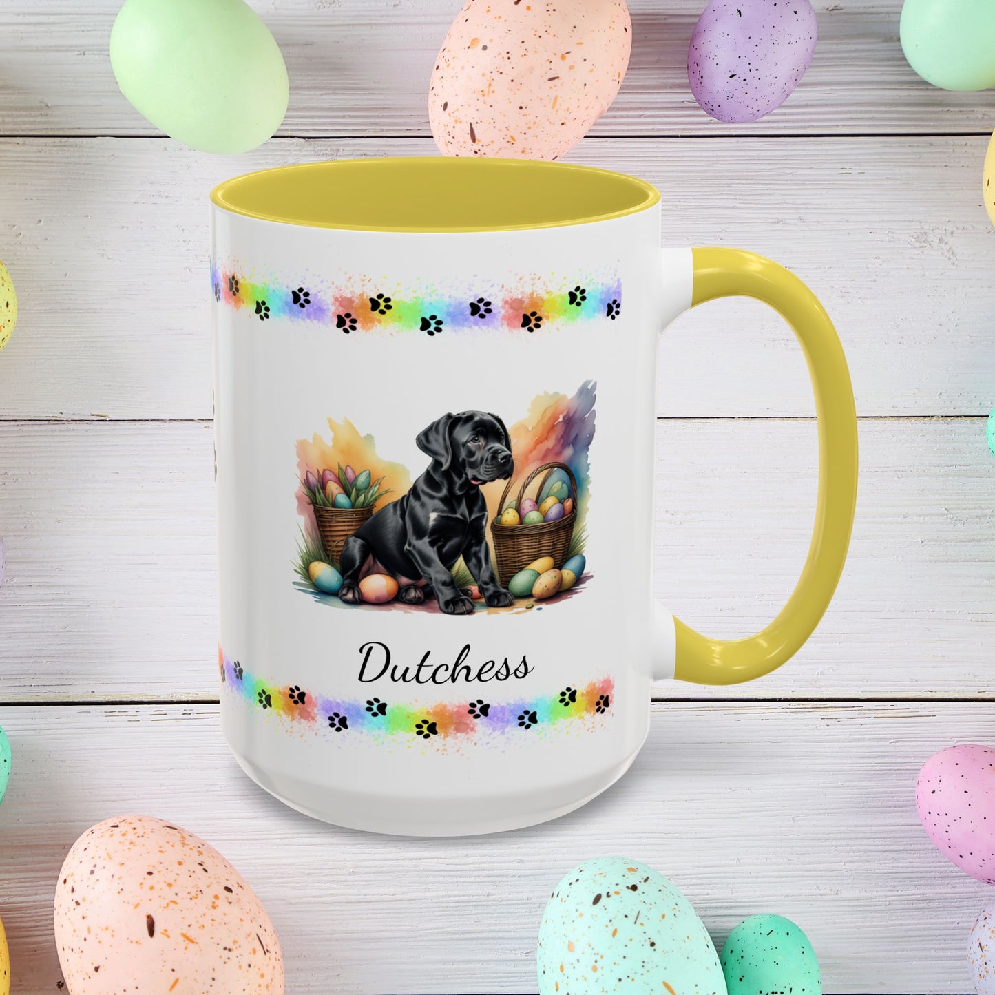Great Dane Black Easter puppy coffee mug, personalized cute dog gift for mental health support and cozy sipping