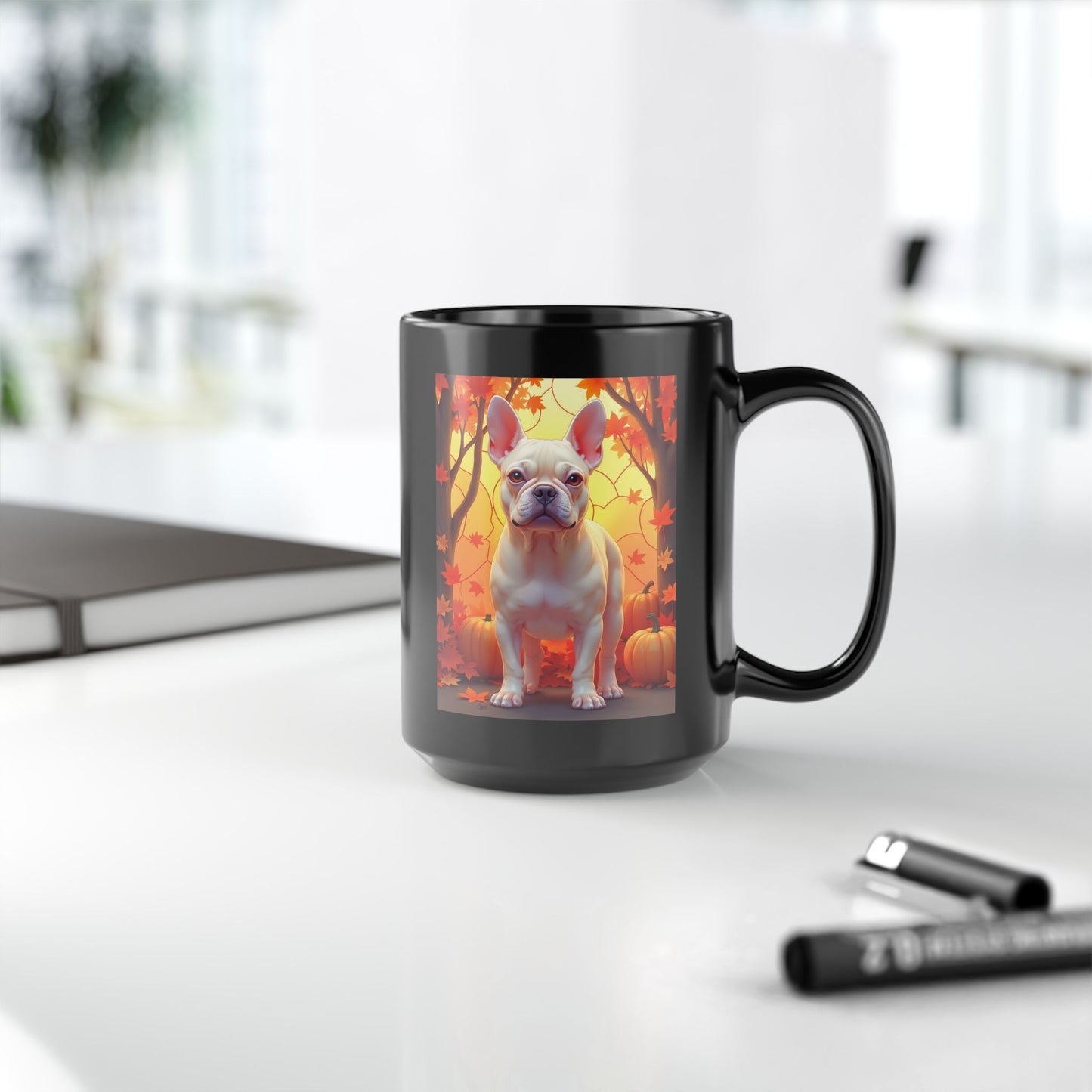 Cream French Bulldog Autumn Black Mug - Cozy fall Frenchie dog breed coffee mug
