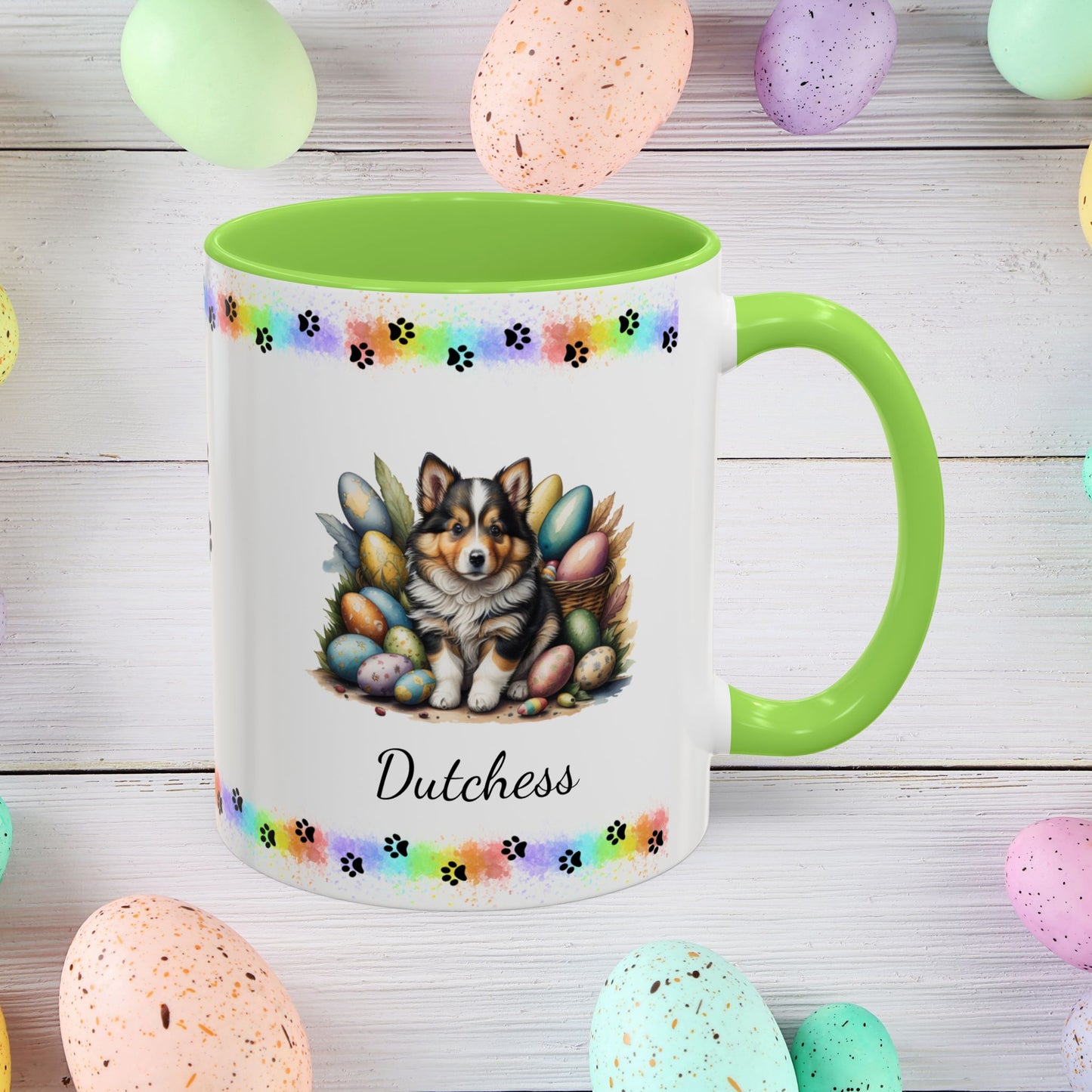 Shetland Sheepdog Easter puppy coffee mug personalized cute dog design, great for mindful mornings and Easter décor.