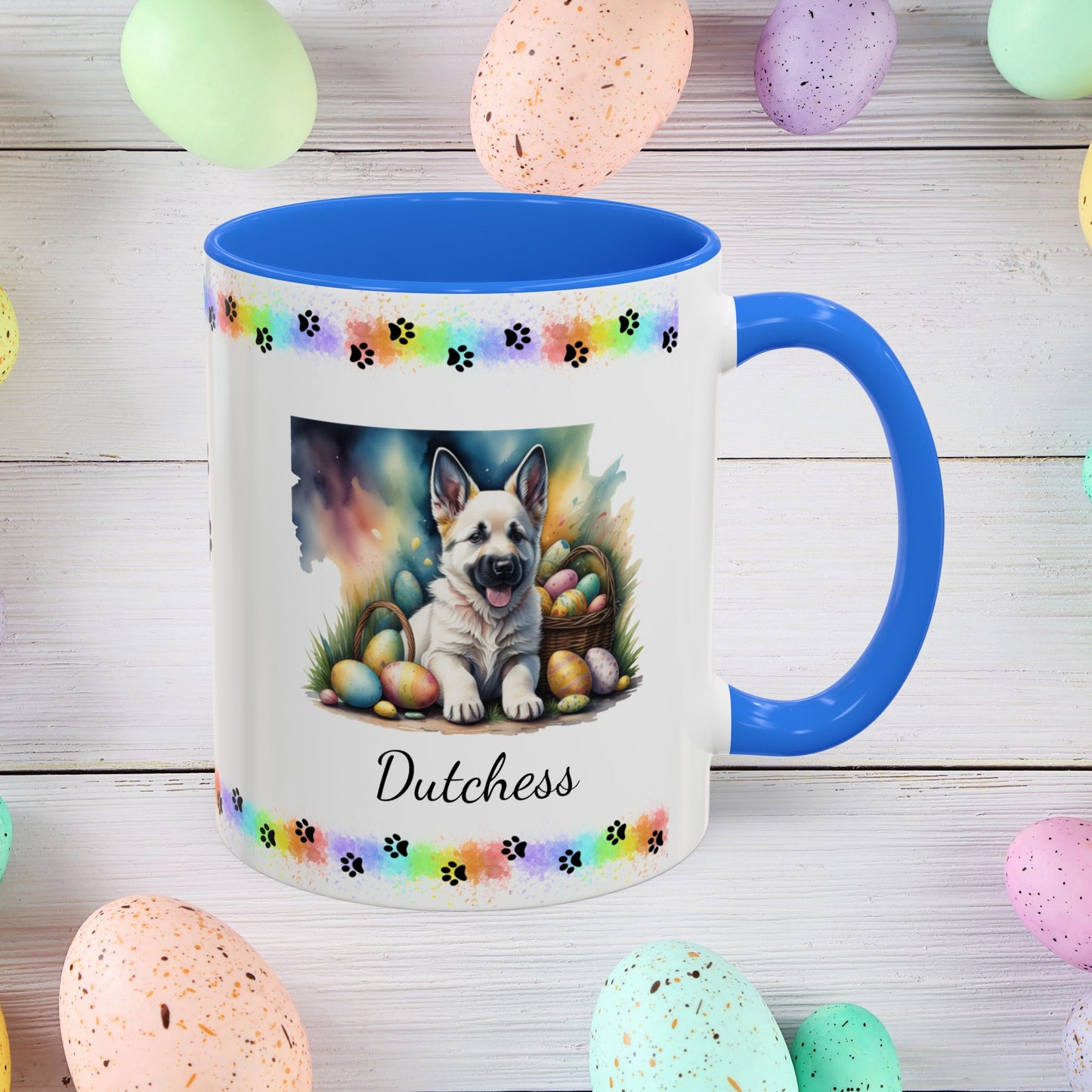 German Shepherd White Easter puppy coffee mug, personalized cute dog gift for mental health awareness and cozy sipping