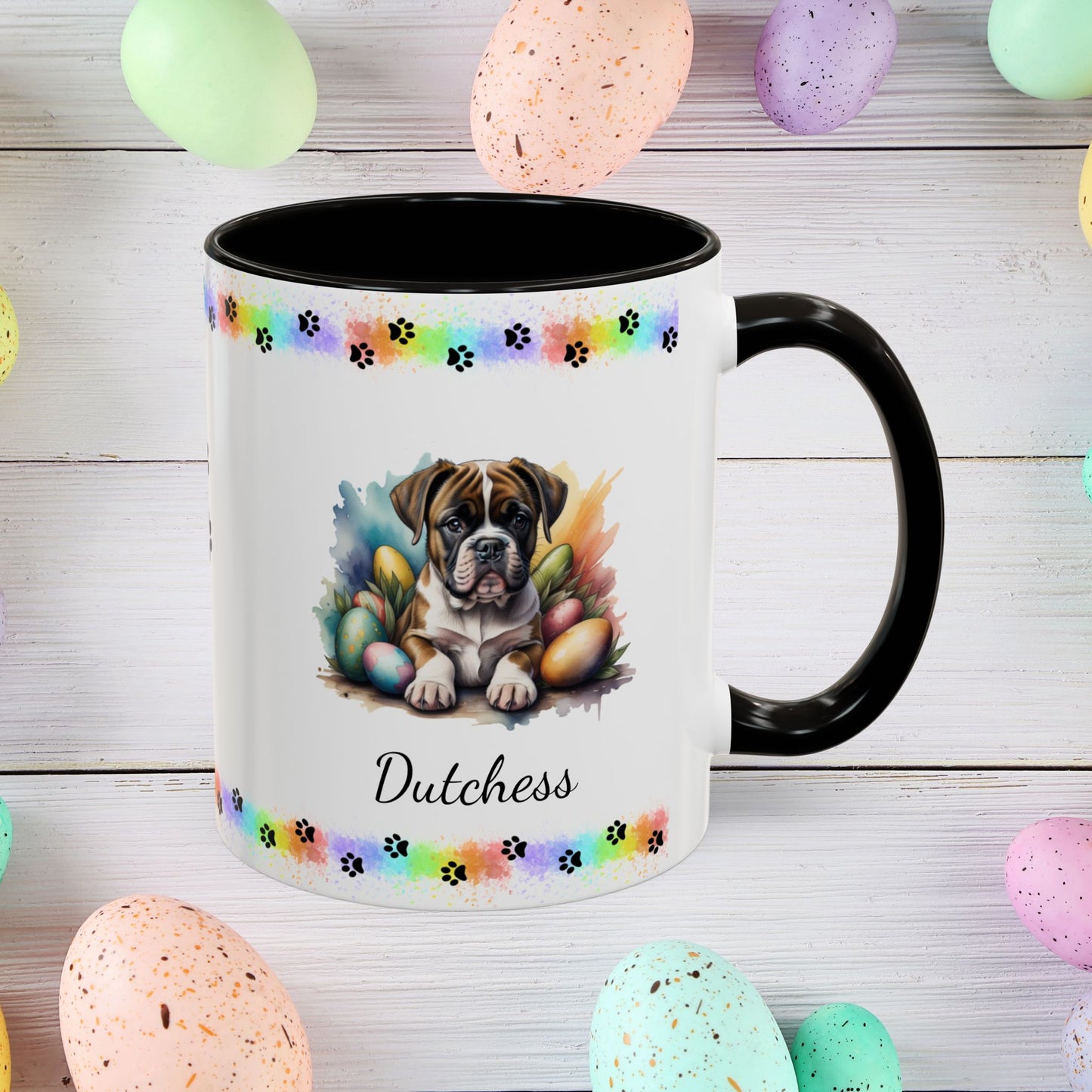 Boxer personalized Easter puppy mug, cute dog coffee cup gift for mental health awareness and dog lovers