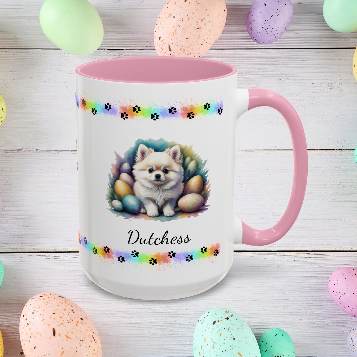 Pomeranian White Easter puppy coffee mug, personalized cute dog coffee cup gift for mental health support and comfort