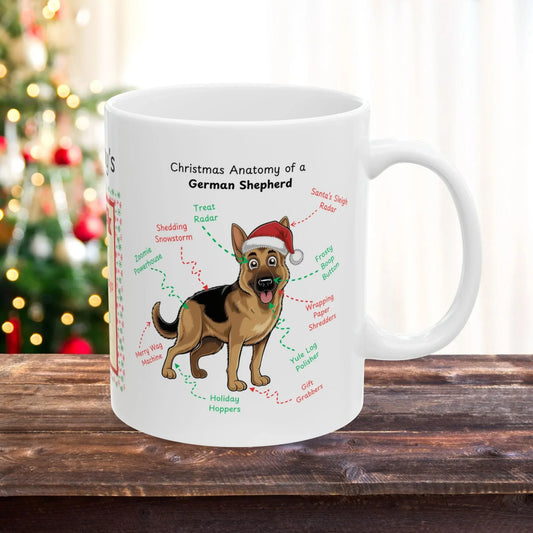 Shop our german shepherd christmas anatomy mug featuring the 15oz style option from MySisterIsASurvivor.