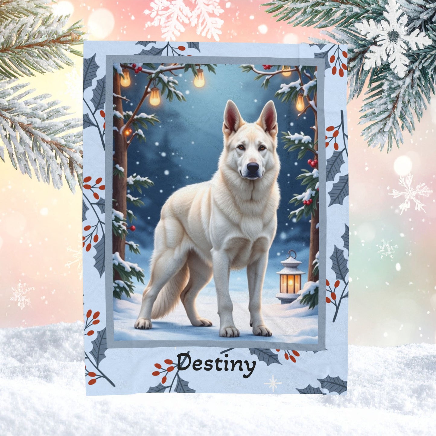 German Shepherd White personalized winter throw featuring a white German Shepherd in a bright lodge winter setting