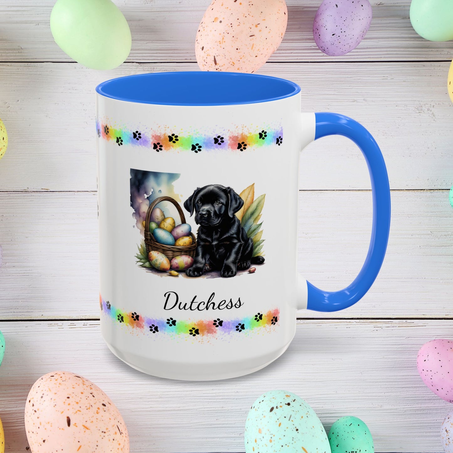 Black Labrador Easter puppy coffee mug, personalized cute dog design, mental health support and cozy sipping